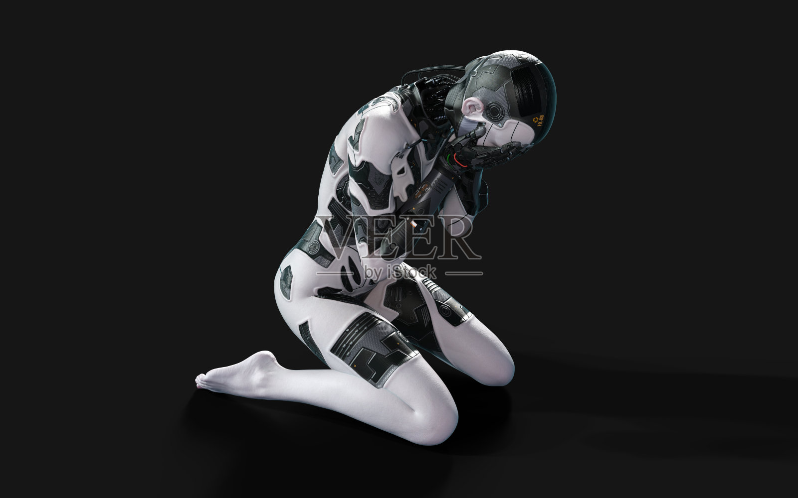 一个女性人工智能机器人在黑色背景上摆姿势照片摄影图片