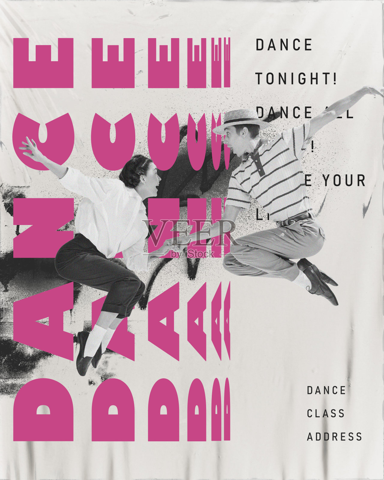 舞会邀请。年轻人跳着复古的舞蹈,灯光背景上有信息、文字。当代艺术拼贴。复古风格海报照片摄影图片