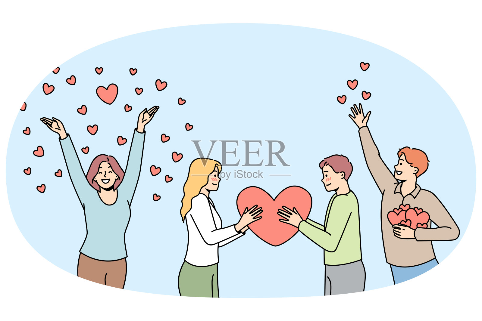 年轻的男人,女人抱着大的心,给予,传播爱。插画图片素材