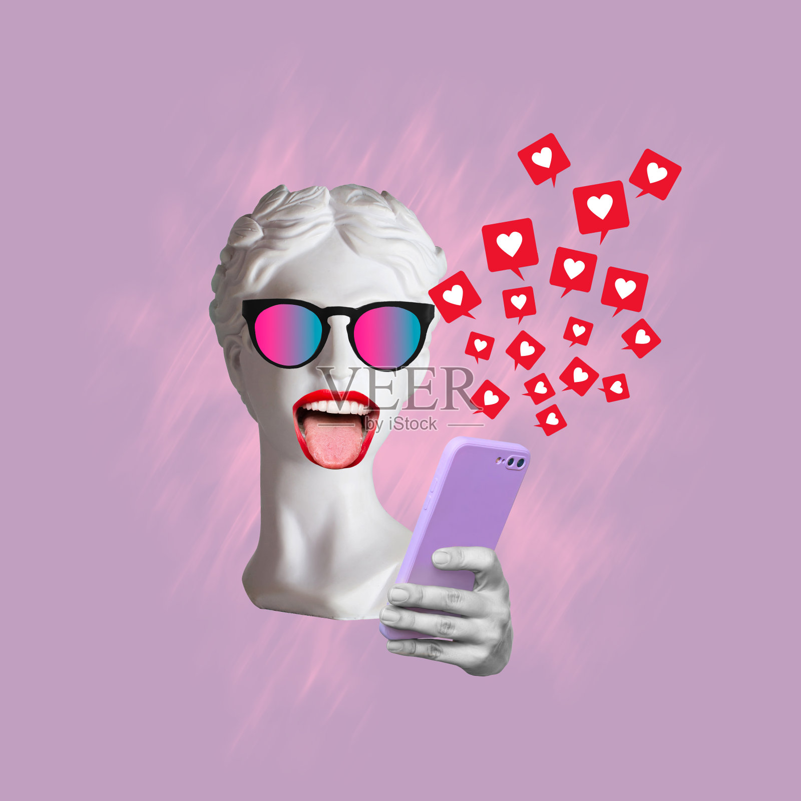 戴着彩色太阳镜的古董快乐雕像头拿着带有社交媒体符号的手机照片摄影图片