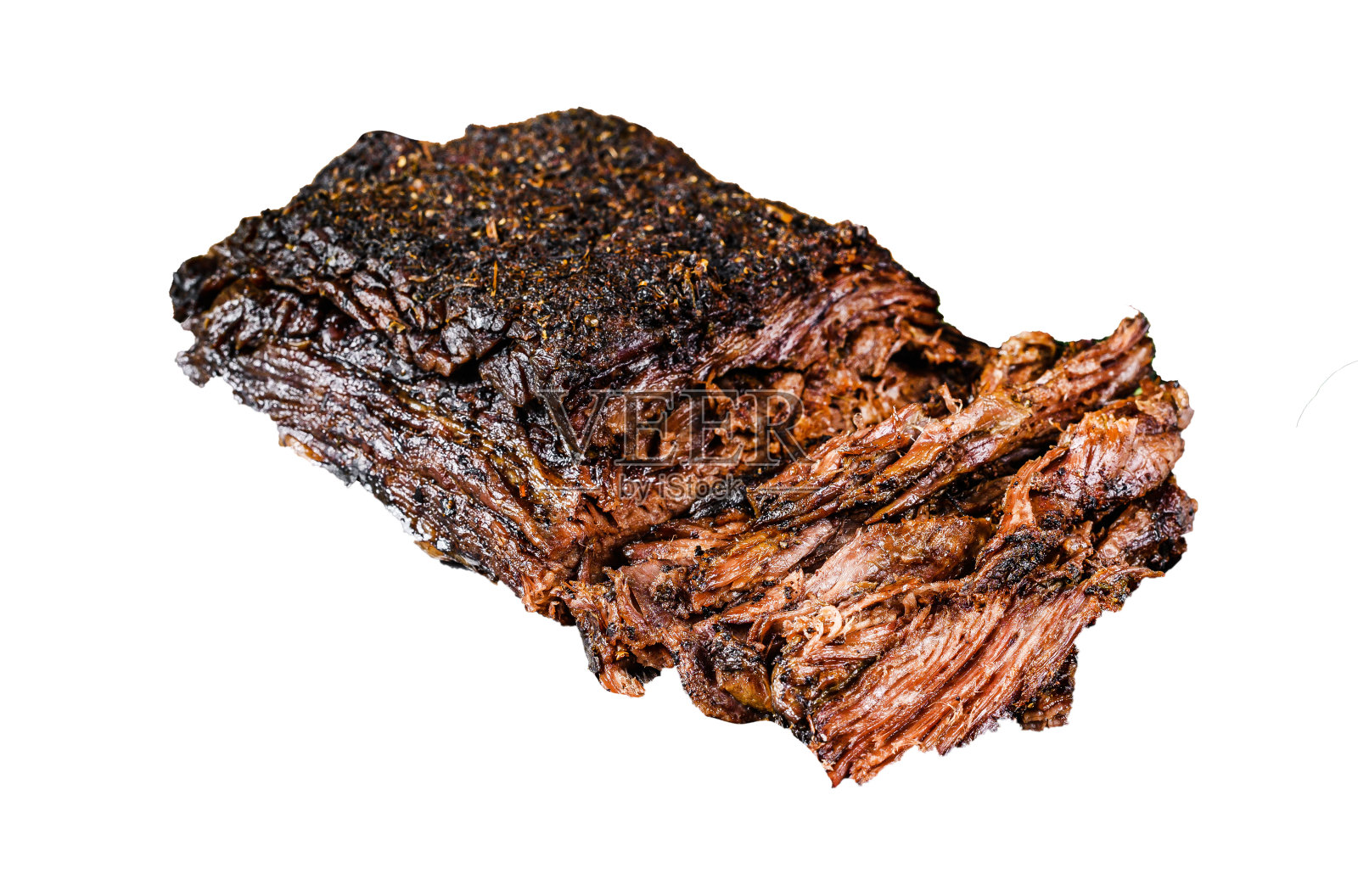 自制烟熏烧烤牛腩肉。孤立在白色背景上。照片摄影图片