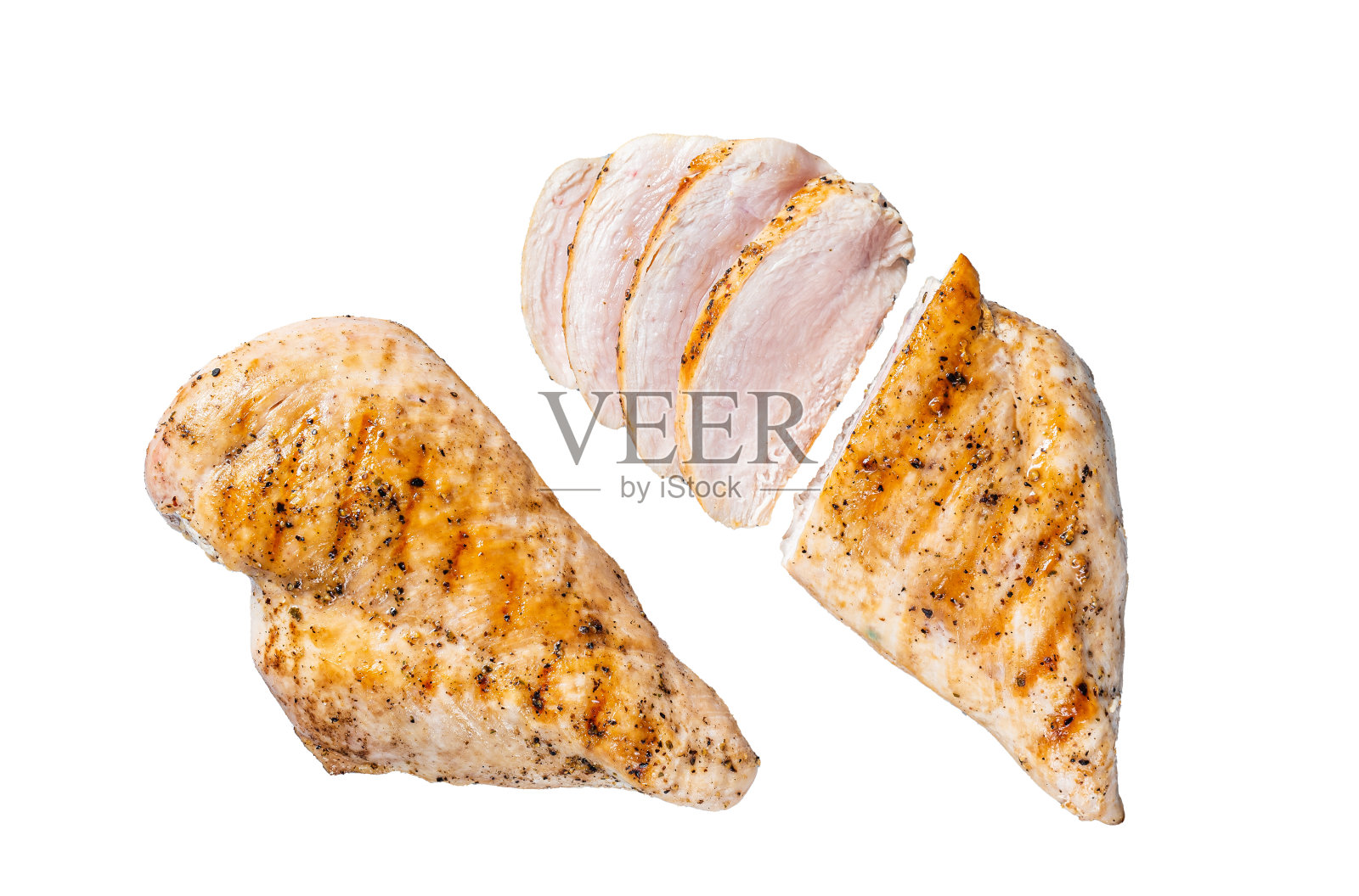 烧烤烤和切片鸡胸肉牛排。孤立在白色背景上。照片摄影图片