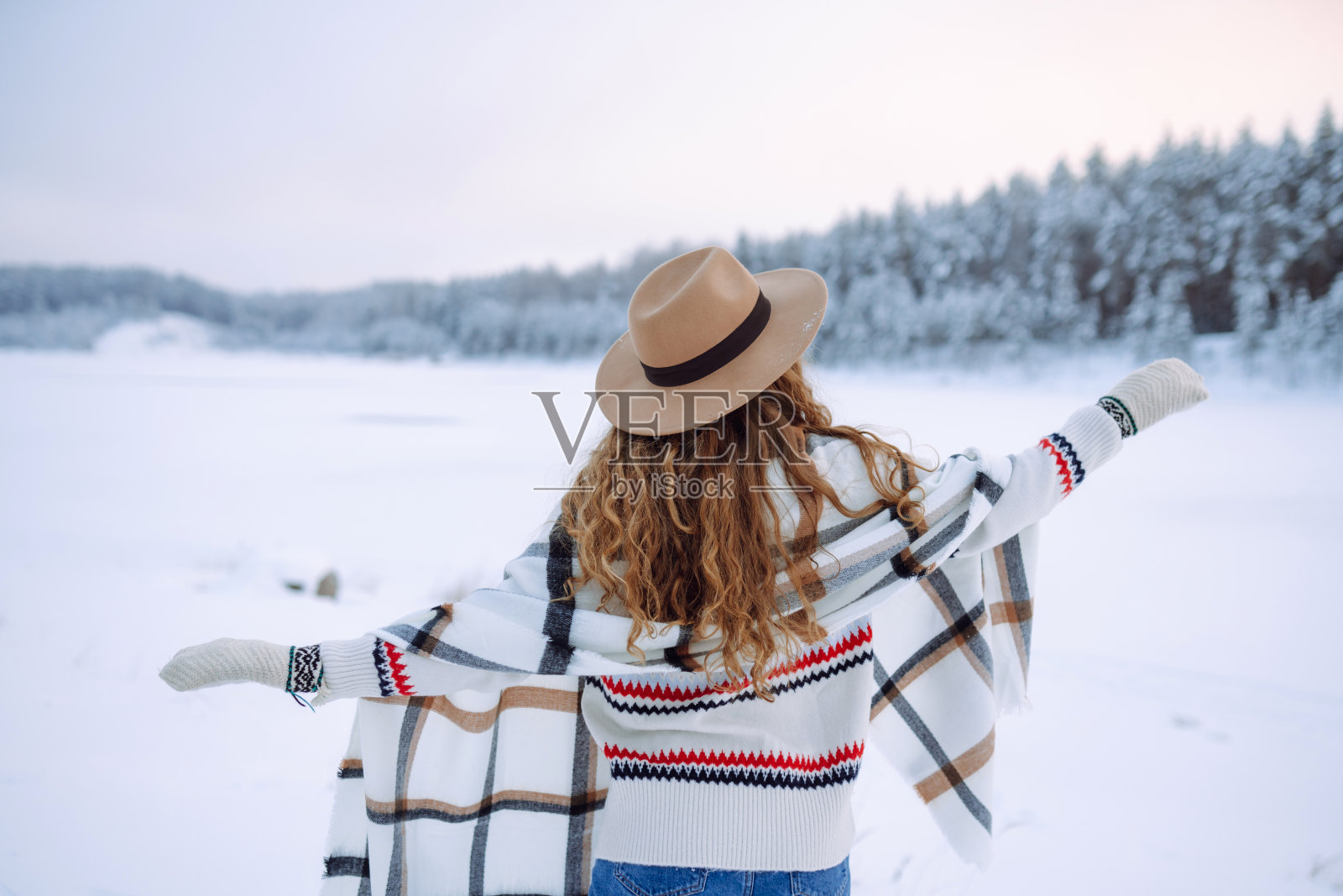 一位戴着帽子、围着围巾、在雪地里享受冬日时光的微笑女子的肖像。照片摄影图片