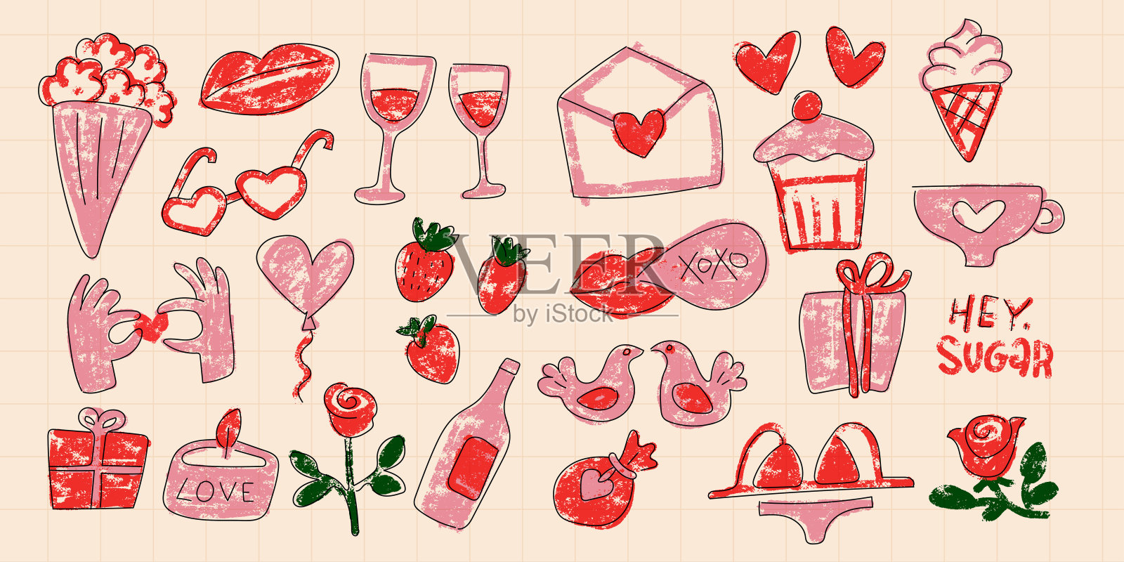 手绘情人节元素在粗糙的蜡笔绘画风格。可爱的红色和粉色元素。设计情人节与手绘贴纸,卡片。矢量图插画图片素材
