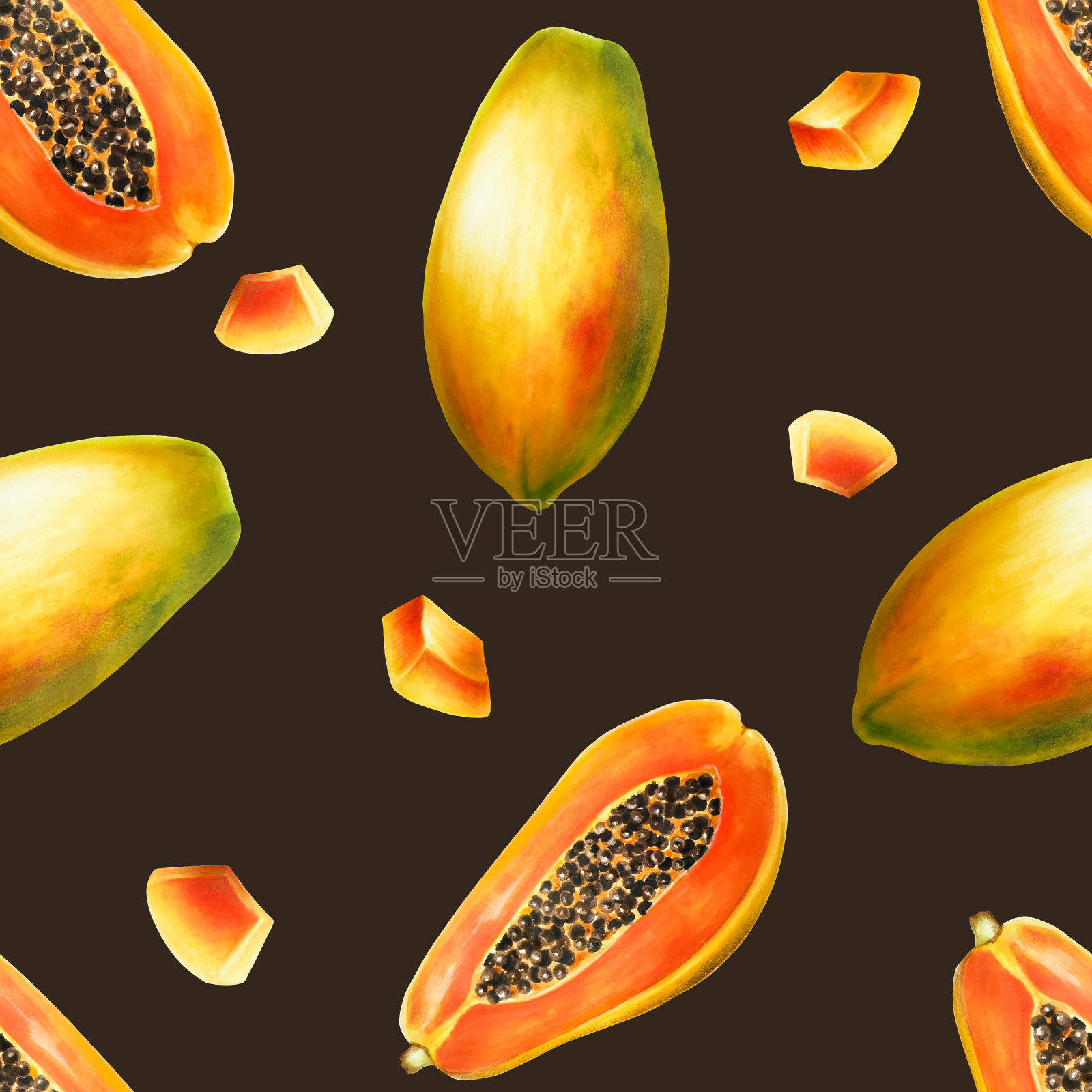 水彩甜熟无缝图案与半木瓜和谷物。手绘现实美味的异国热带水果孤立的背景有机插图。适用于设计师、婚礼、装饰、明信片、包装纸、剪贴簿、封面插画图片素材