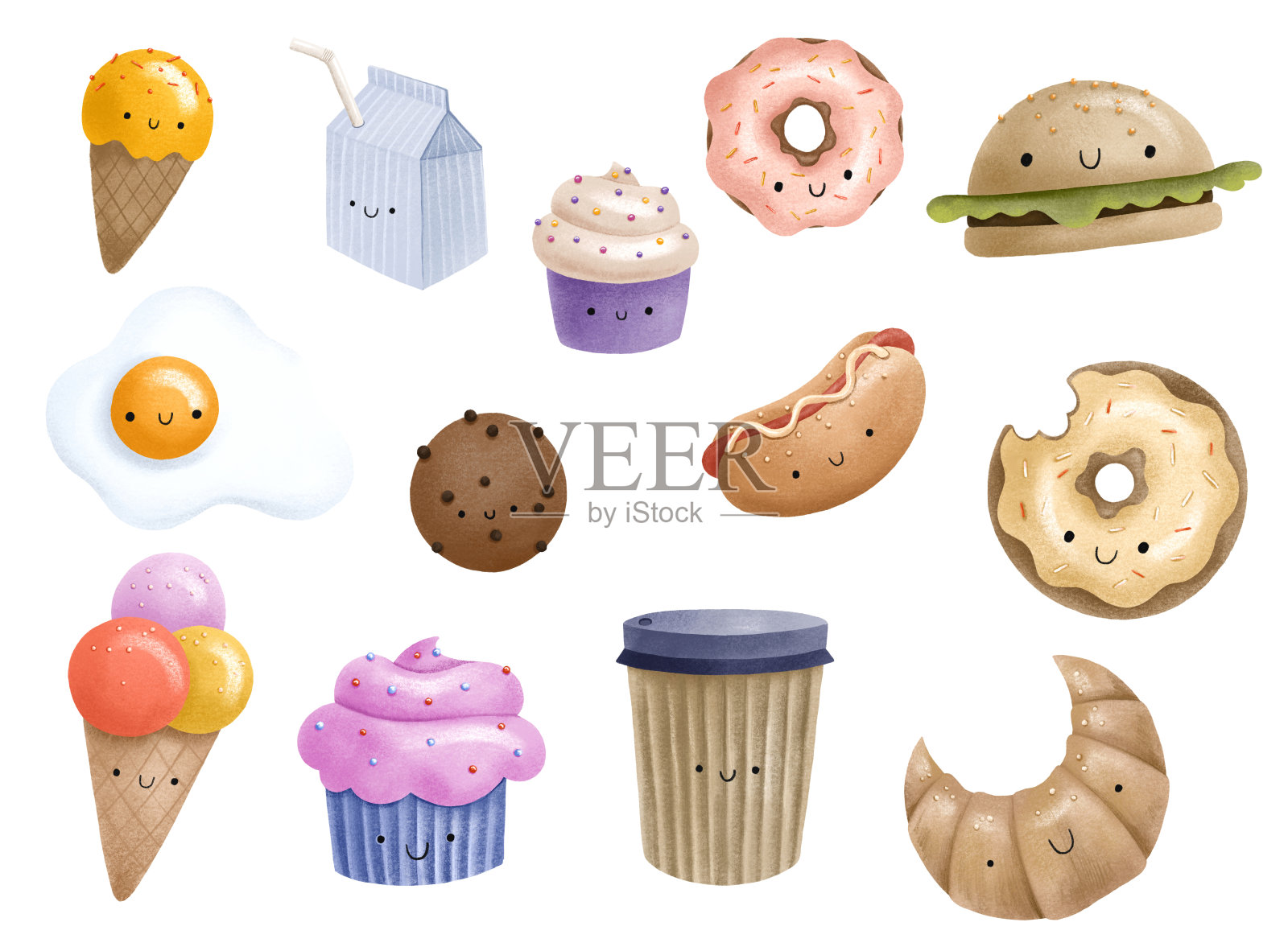 用眼睛收集快餐。以手绘甜食为布景插画图片素材