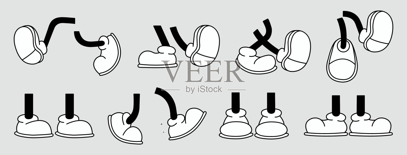 集70年代groovy漫画腿矢量。不同姿势的卡通人物腿的集合好,做得好,指指点点。可爱的复古时髦的嬉皮士插图装饰,贴纸,图标插画图片素材