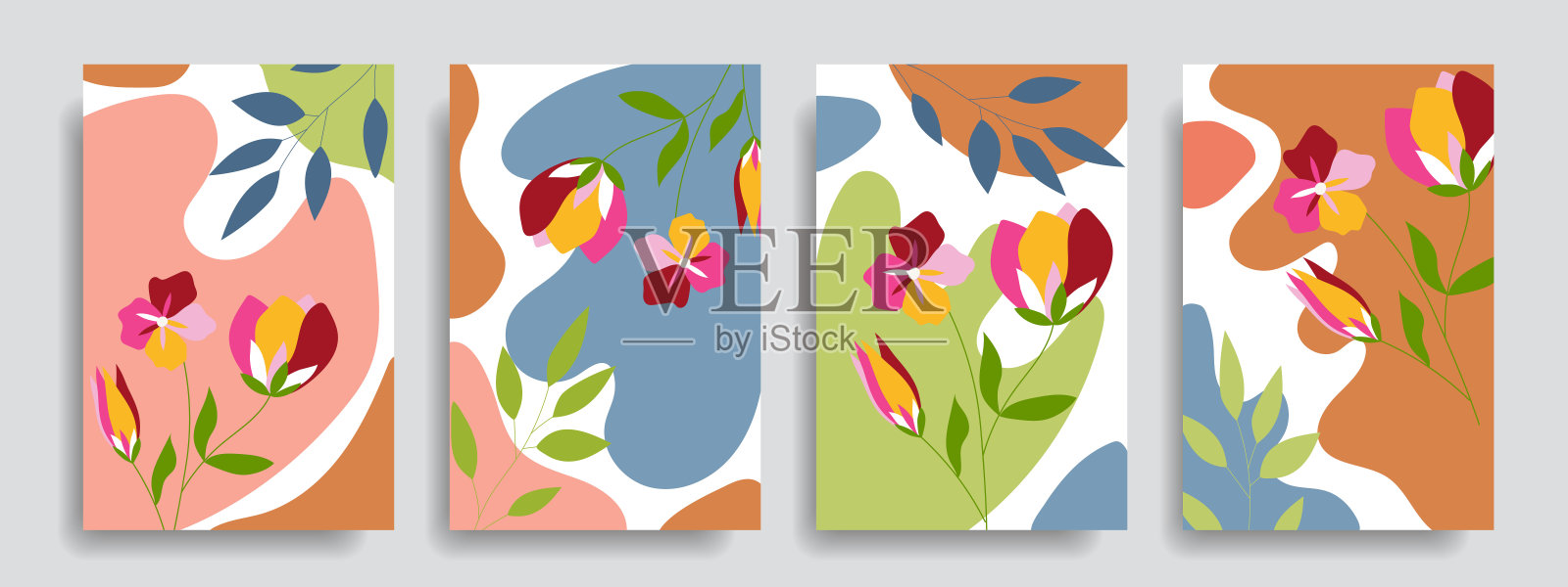 一套现代抽象封面与鲜花。明亮的花香背景。插画图片素材