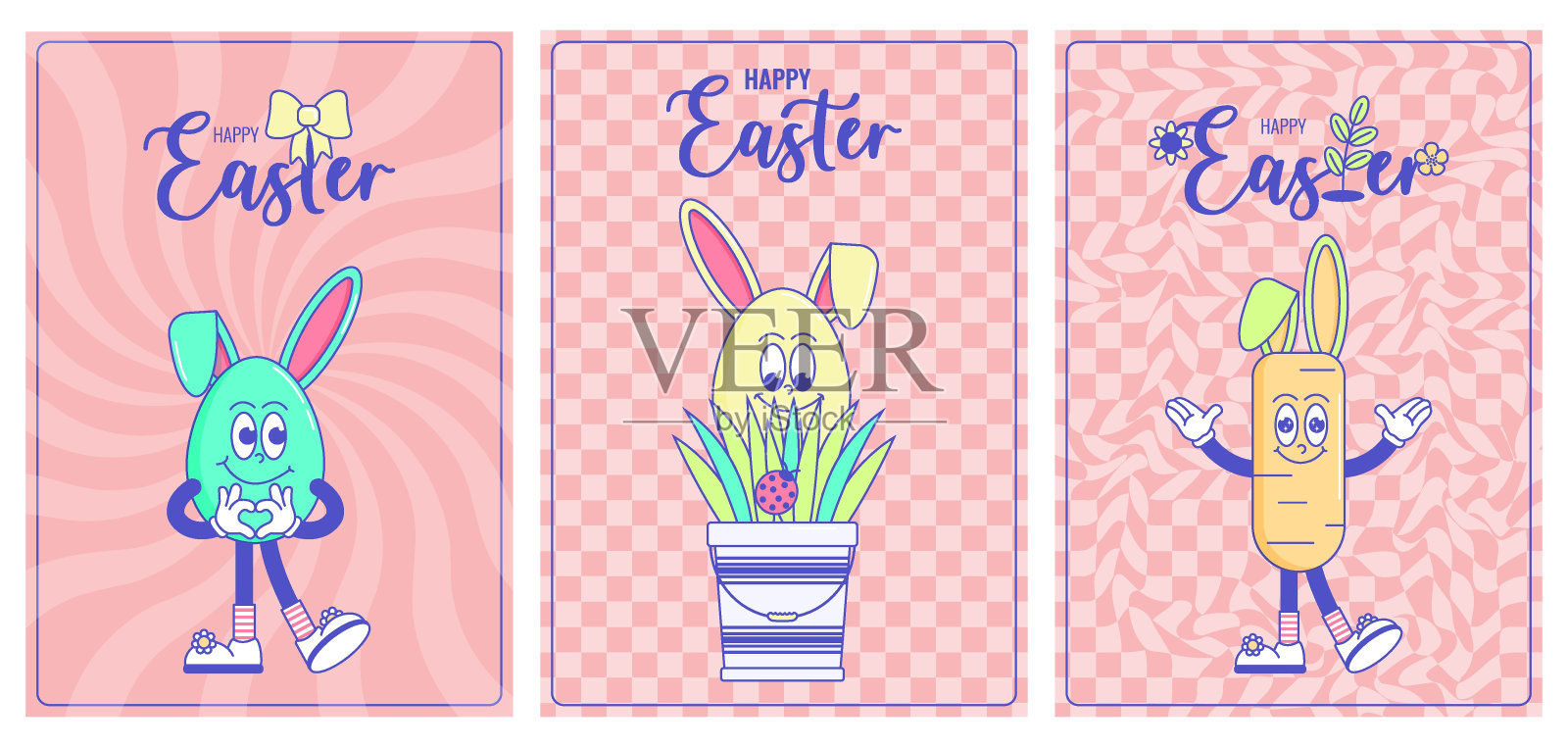 复活节快乐,春假快乐。复古的经典卡通人物和元素。复古时髦的吉祥物海报迷幻的微笑和情感。漫画时尚的套装卡片。矢量插图60年代70年代90年代的风格插画图片素材