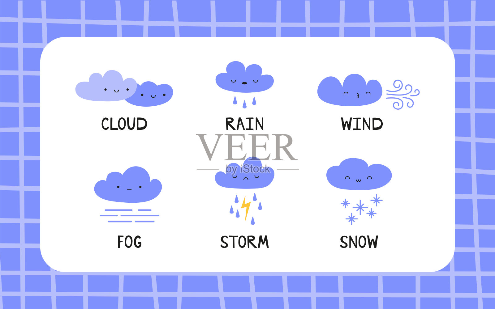 天气剪贴画插图集。可爱的矢量天气卡哇伊元素的孩子。日、月、日、夜、云、风、雨、风暴、雾、雪字刻字插画图片素材