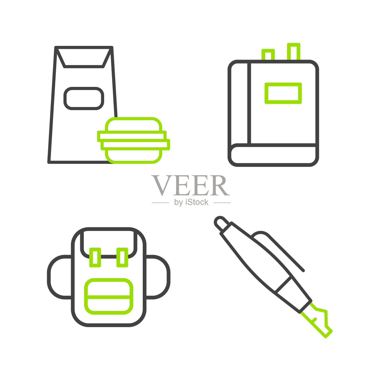 钢笔笔尖,学校背包,书和汉堡图标。向量插画图片素材