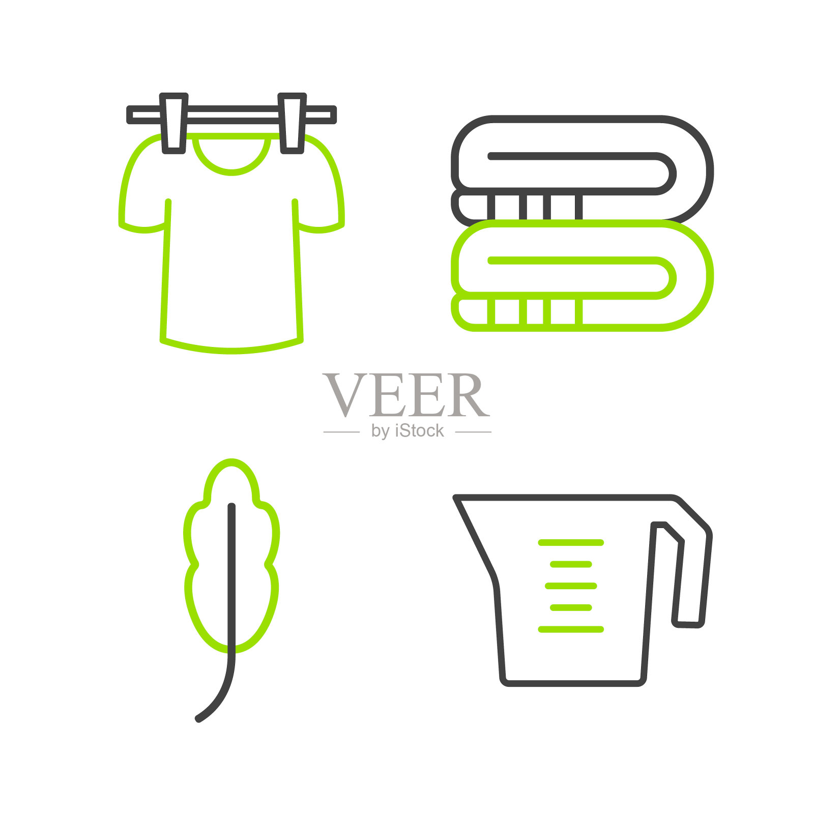 设置线量杯,羽毛,毛巾堆和干衣服图标。向量插画图片素材