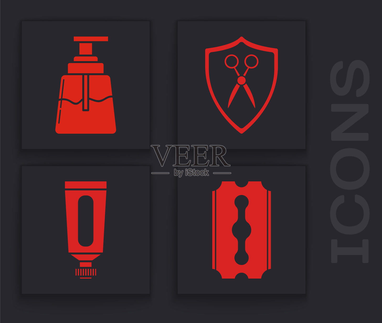 集刀片剃须刀,须后水,剪刀理发师和盾牌和奶油或乳液化妆品管图标。向量插画图片素材