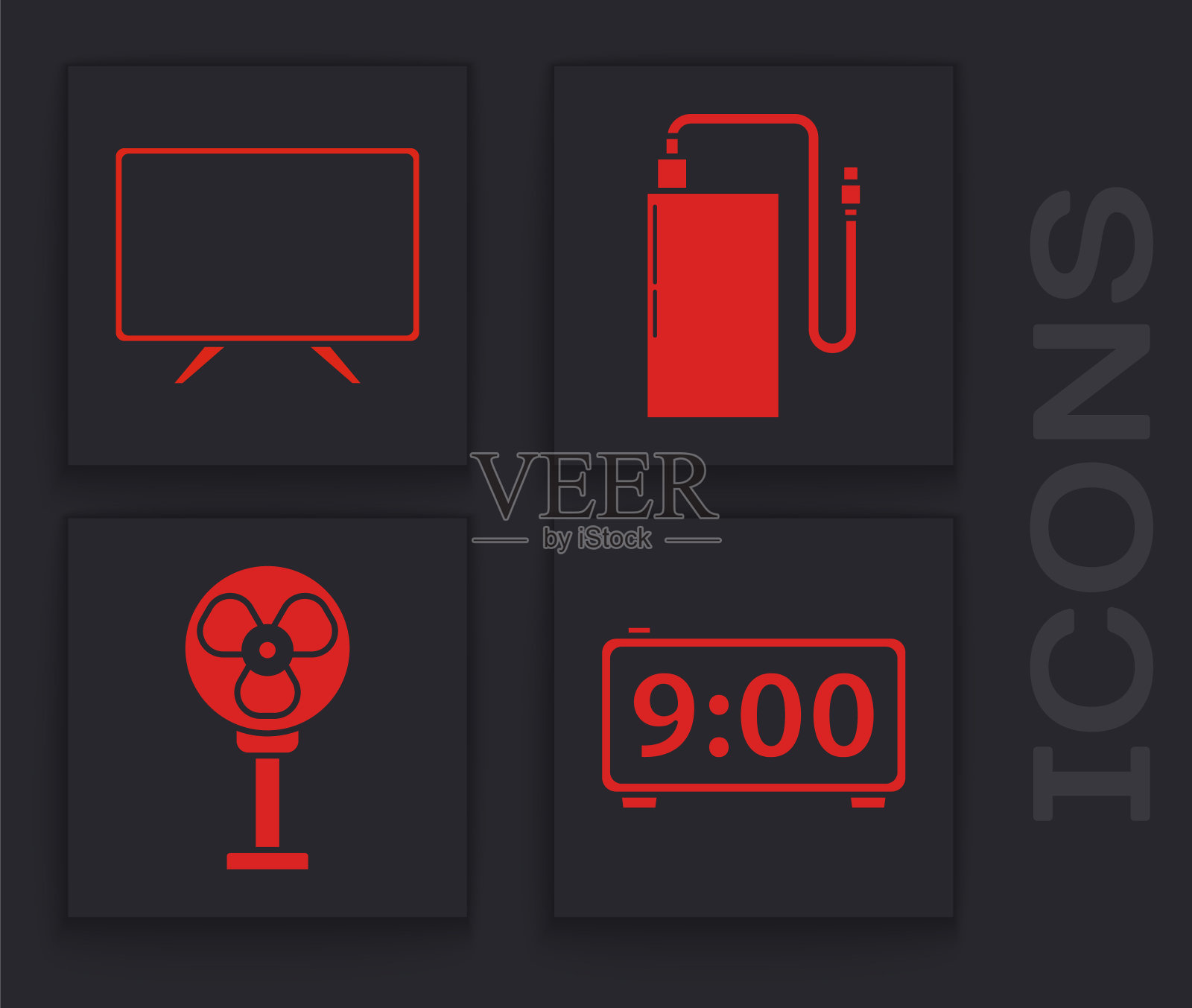设置数字闹钟,智能电视,充电宝与不同的充电线和电风扇图标。向量插画图片素材