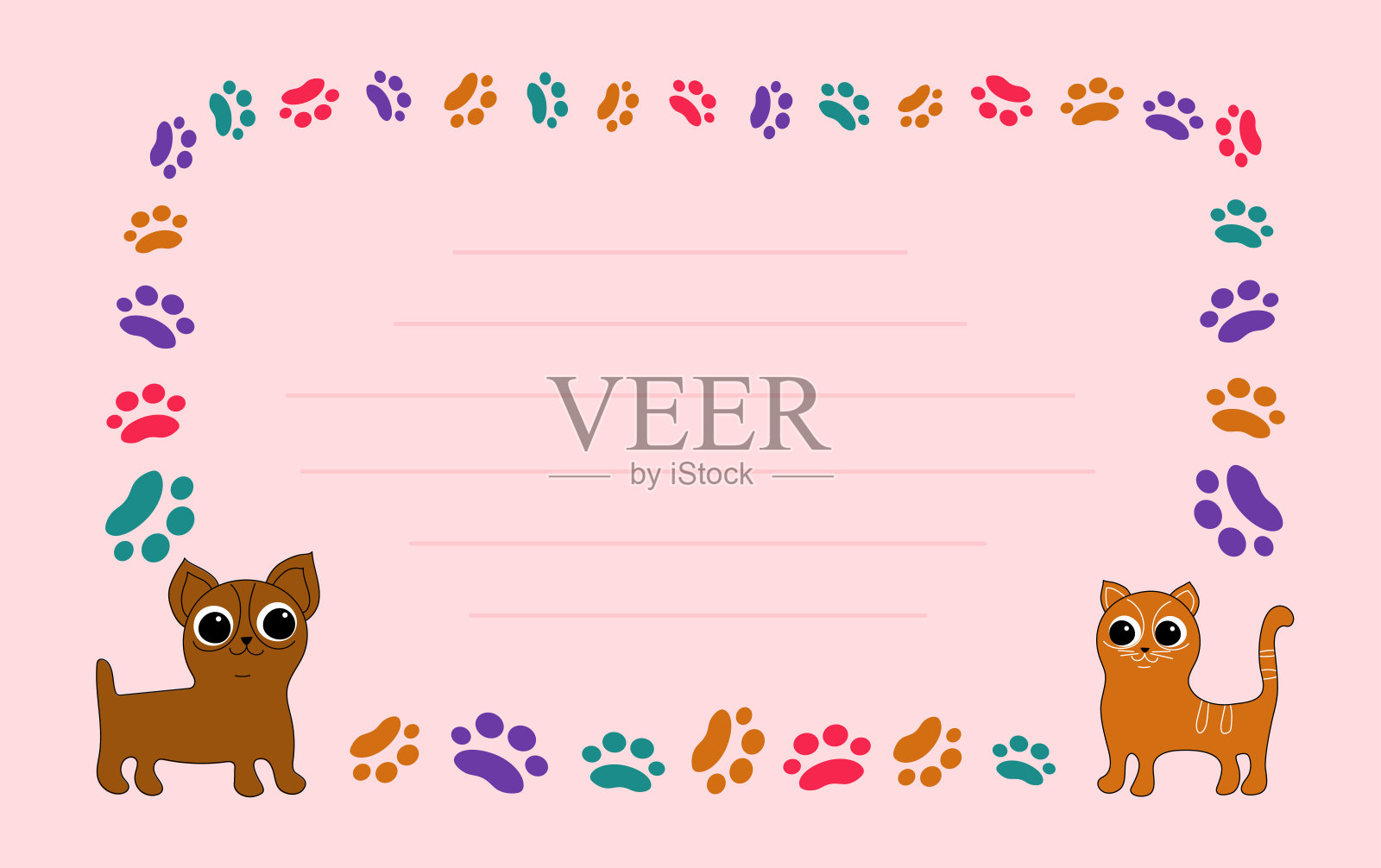框架,卡通狗,猫,脚印,动物爪印。装饰品,宠物图标。矢量背景印刷设计。有文字空间的卡片。宠物用品。宠物通告横幅概念插画图片素材