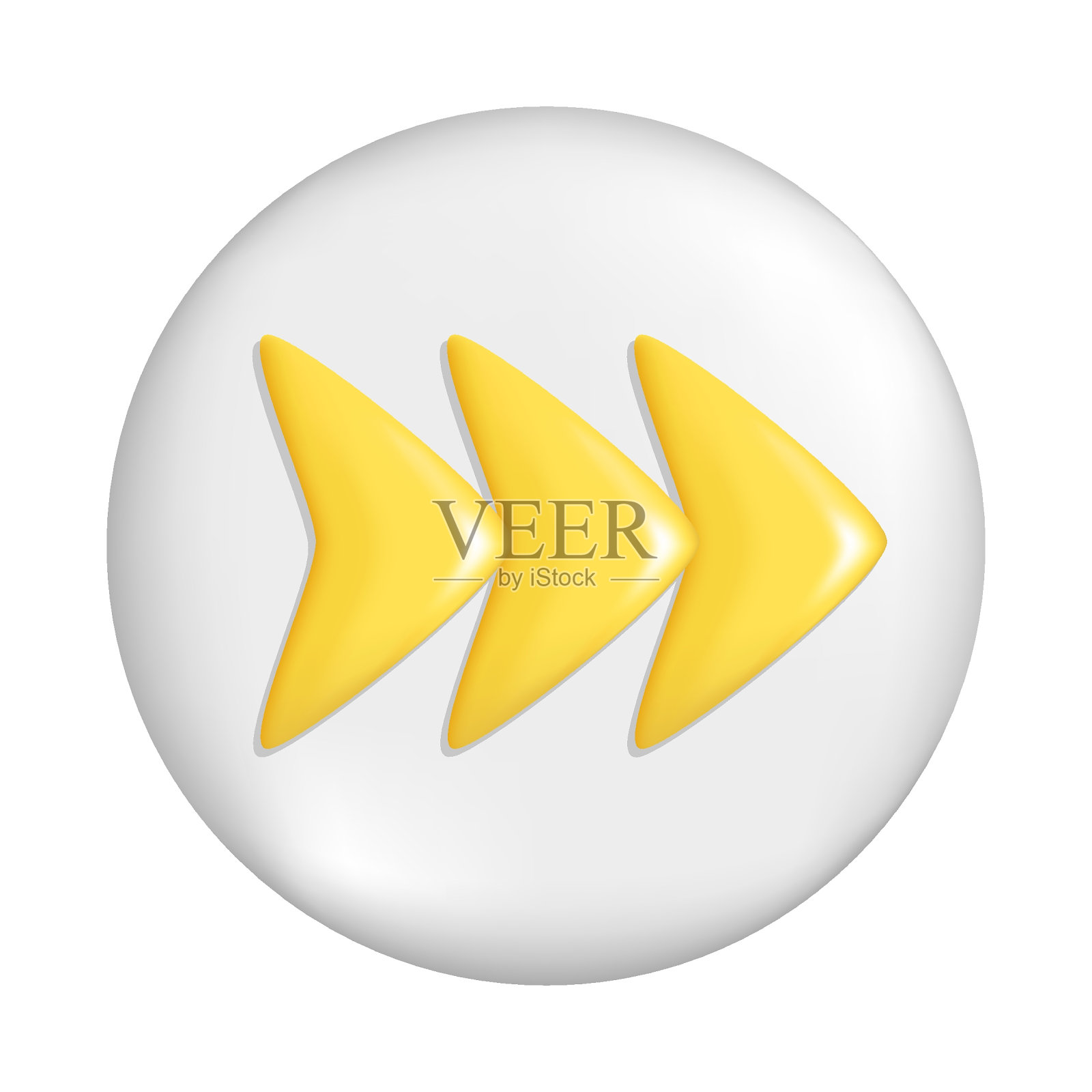 现实的三维黄色箭头在灰色圆形按钮。卡通塑料光滑形状的指针3d方向图标,指向右或直的标志。抽象矢量插图隔离在白色背景插画图片素材