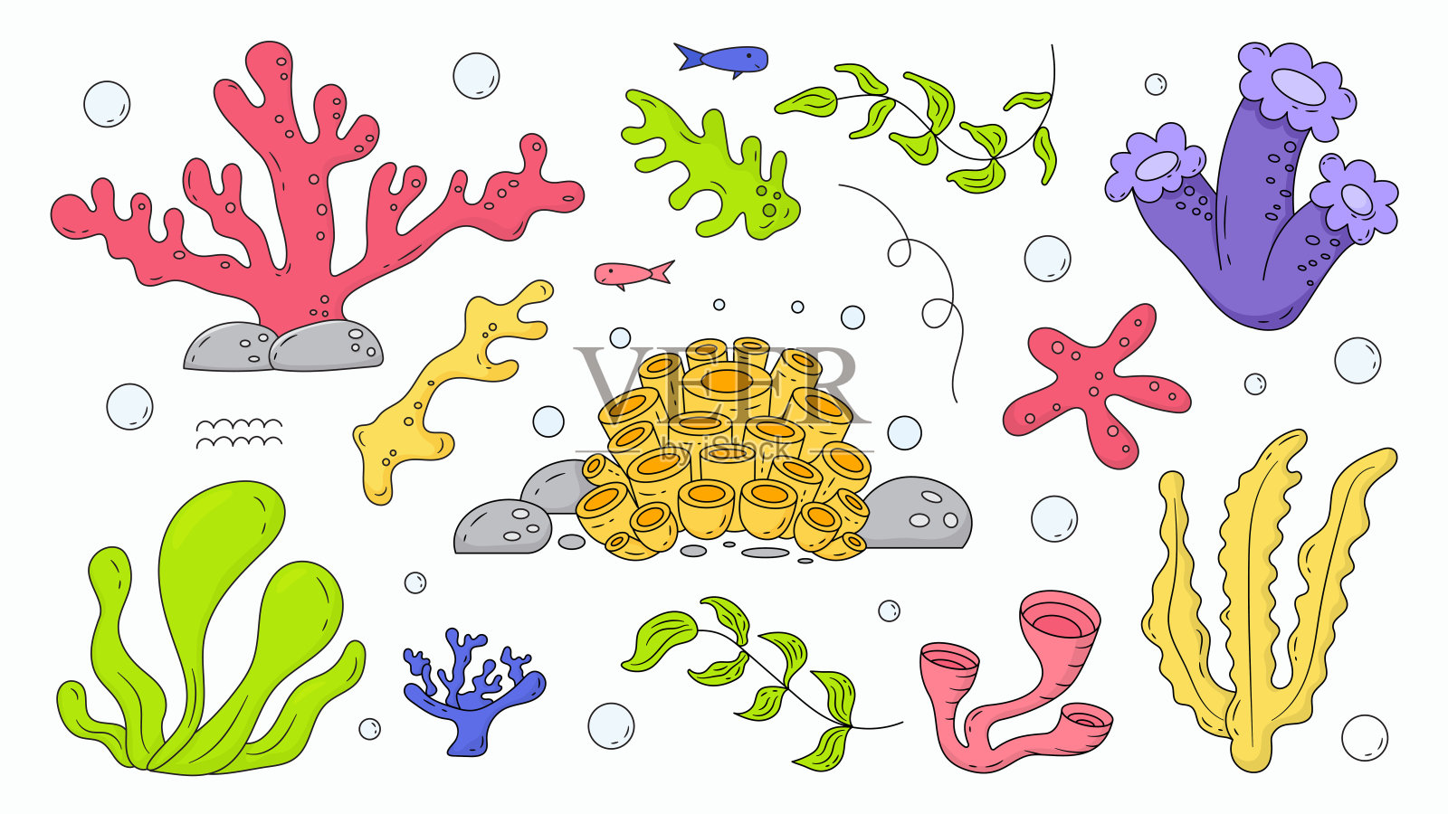 一套线海藻和水下植物涂鸦手绘插画图片素材