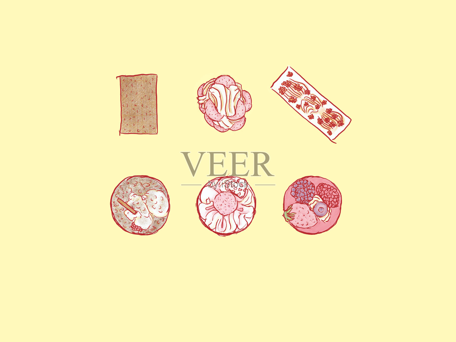 黑醋栗蛋糕,可丽饼,提拉米苏,草莓蛋糕,朗姆酒葡萄干蛋糕,巧克力蛋糕插画图片素材