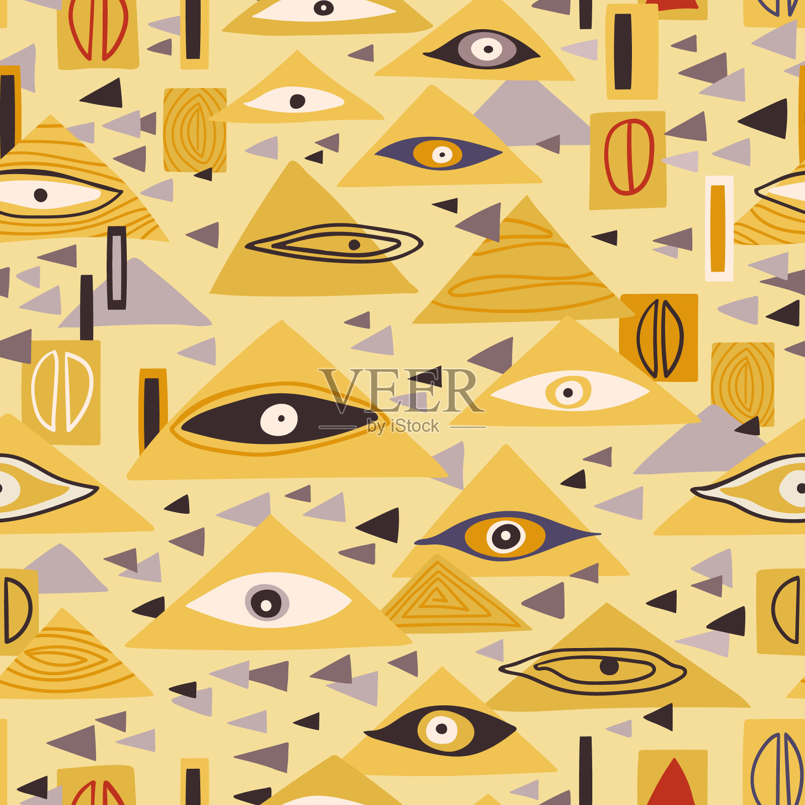 克里姆特风格的灵感抽象无缝图案,现代新艺术风格的无尽背景与几何三角形形状和眼睛,纹理包装,数码纸,壁纸,剪贴簿,纺织品插画图片素材