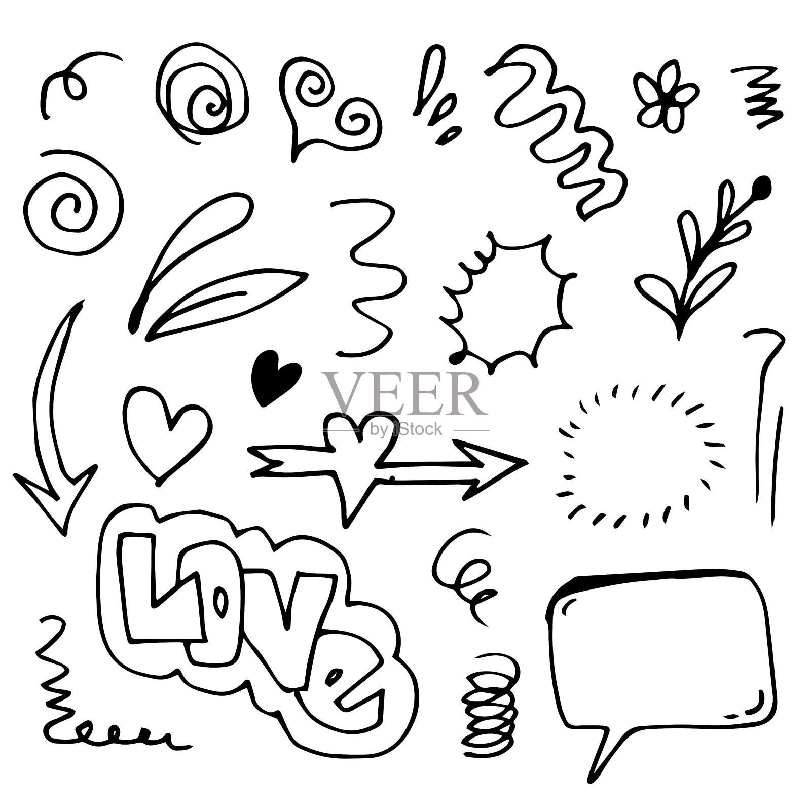 手绘涂鸦设计元素,黑色在白色的背景。强调,箭头,线条。涂鸦素描设计元素插画图片素材