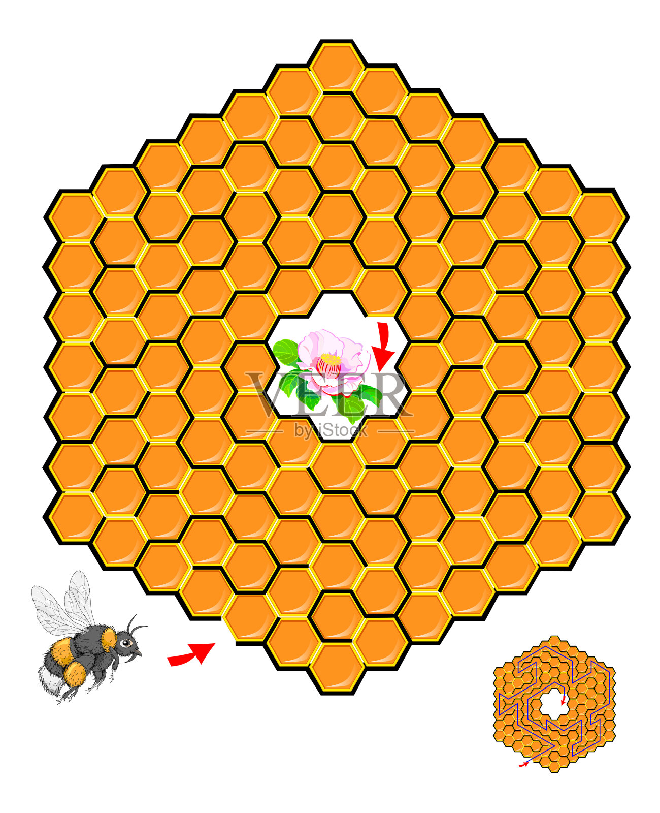 逻辑益智游戏与迷宫为儿童和成人。帮助大黄蜂在蜂巢里找到路直到开花并画出线。在线玩。儿童活动单。矢量卡通图像。插画图片素材