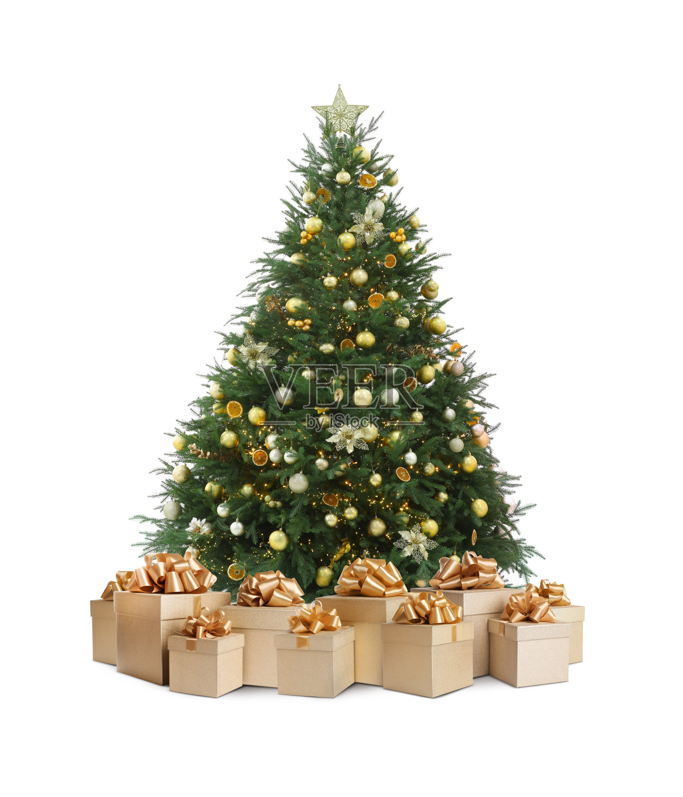 美丽的圣诞树和许多礼品盒在白色的背景下照片摄影图片