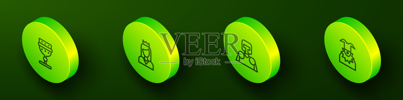 设置等距线中世纪高脚杯,公主,骑士和小丑头部图标。向量插画图片素材