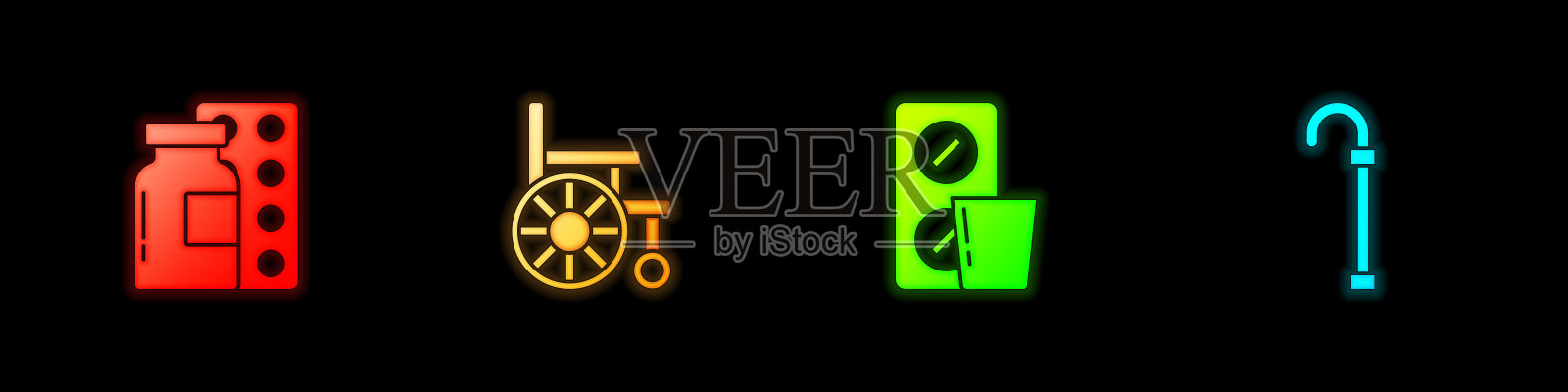 集药片泡罩包装,轮椅和手杖手杖图标。向量插画图片素材