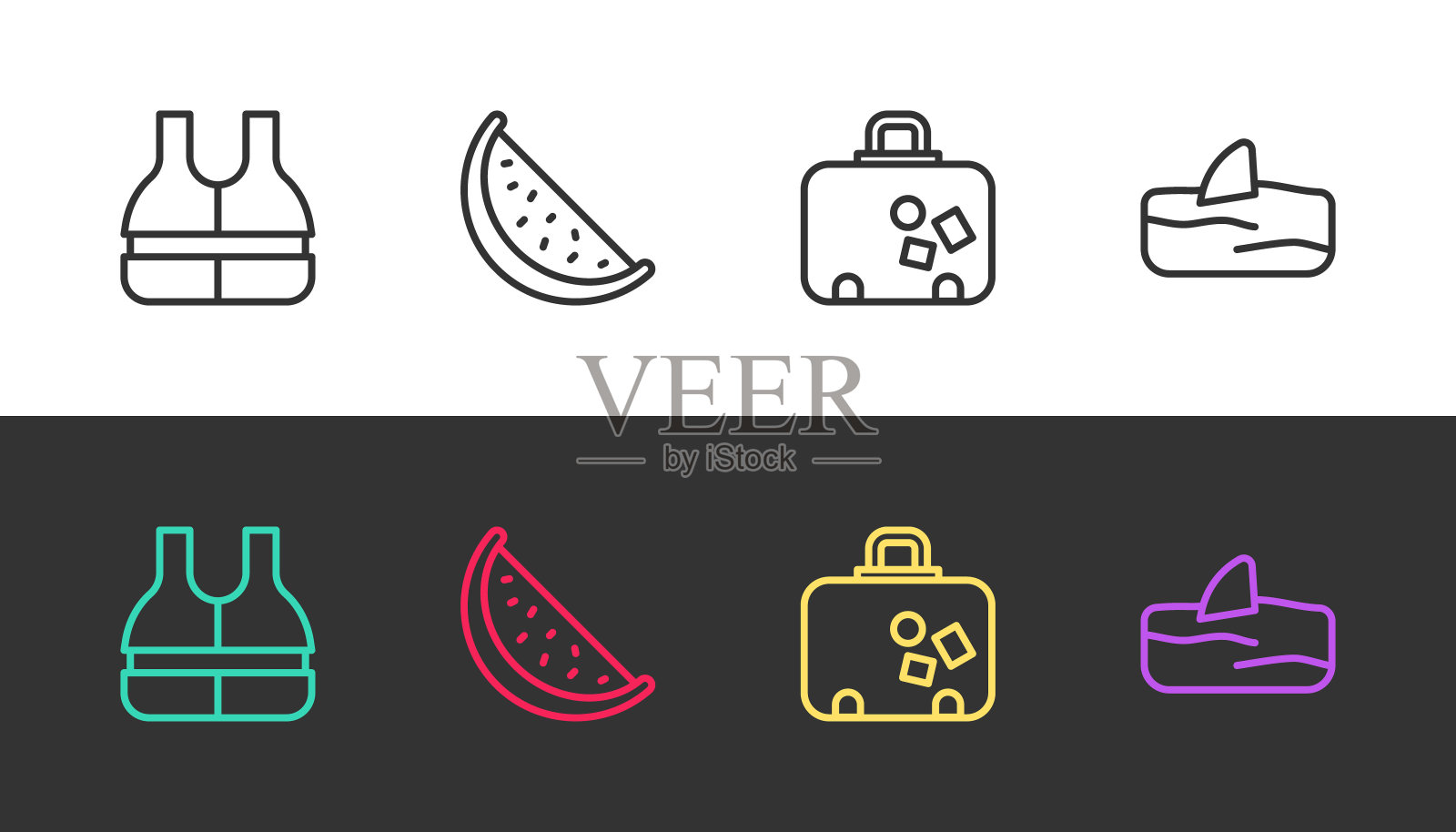 在黑白两色的波浪上设置救生衣,西瓜,手提箱和鱼翅。向量插画图片素材