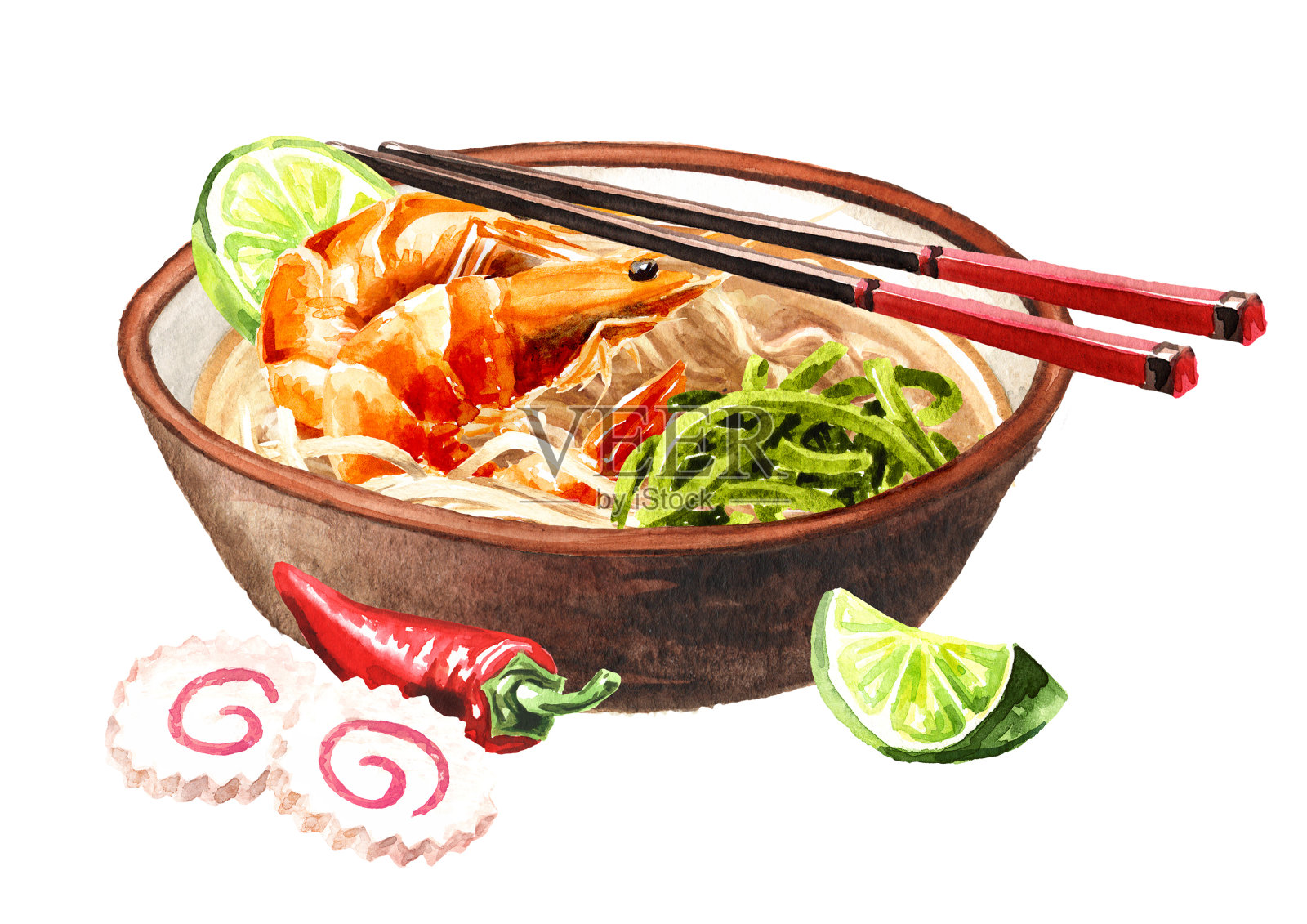 碗亚洲汤拉面与海鲜手绘水彩插图孤立的白色背景插画图片素材