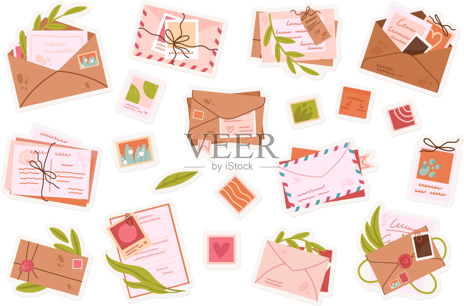 复古开放和封闭的信封与邮票贴纸集与波西米亚花卉设计插画图片素材