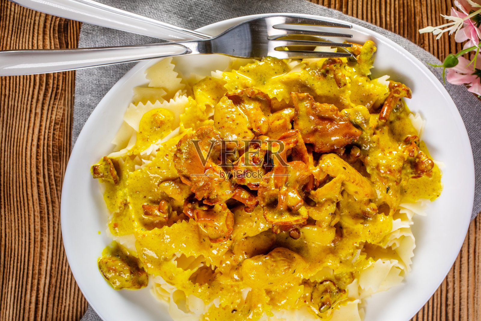 奶油鸡油菌汁炸鸡意面。照片摄影图片