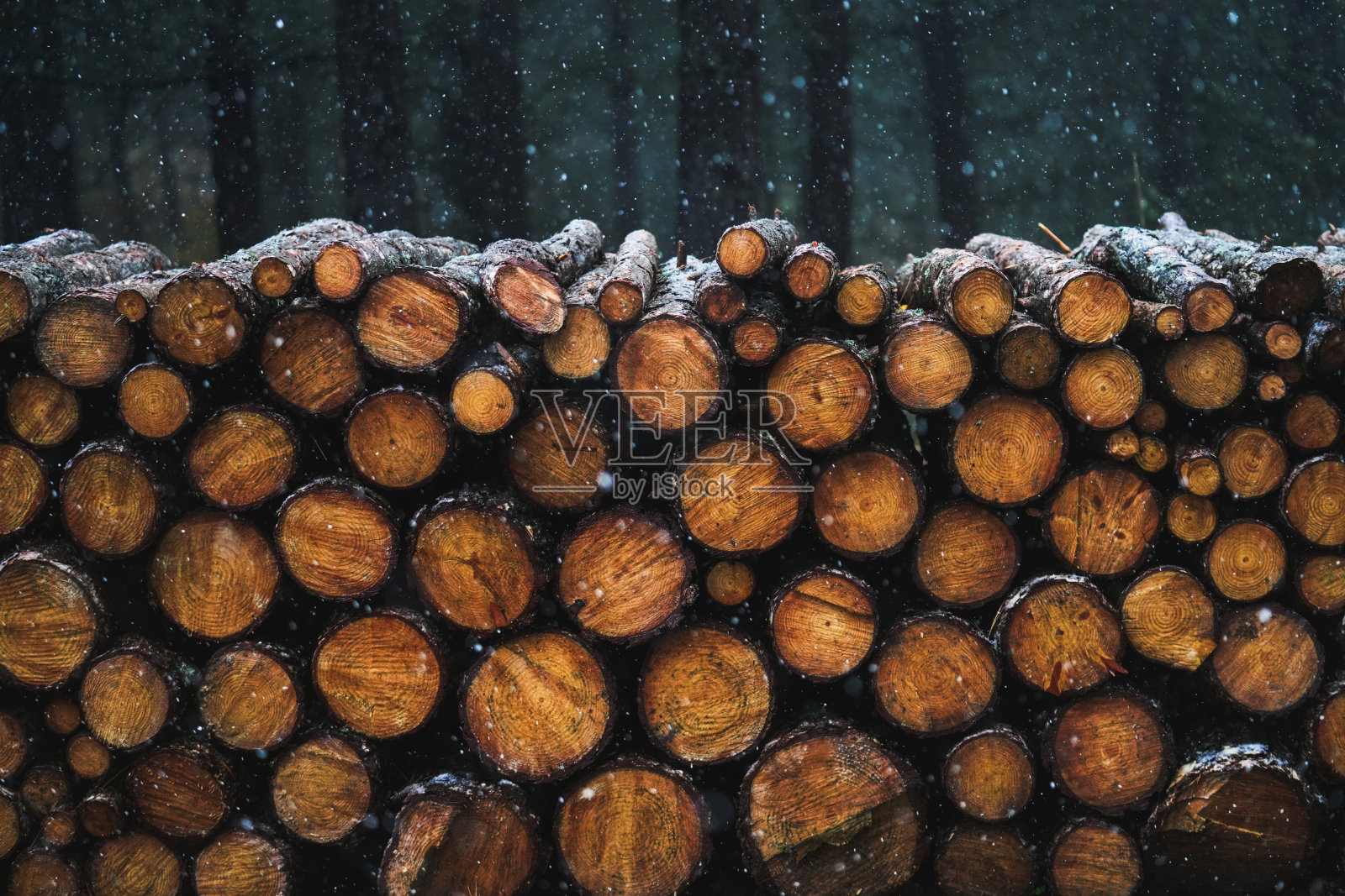 冬天,在雪下储存的柴火、原木。空中飘着雪花。节日的气氛照片摄影图片