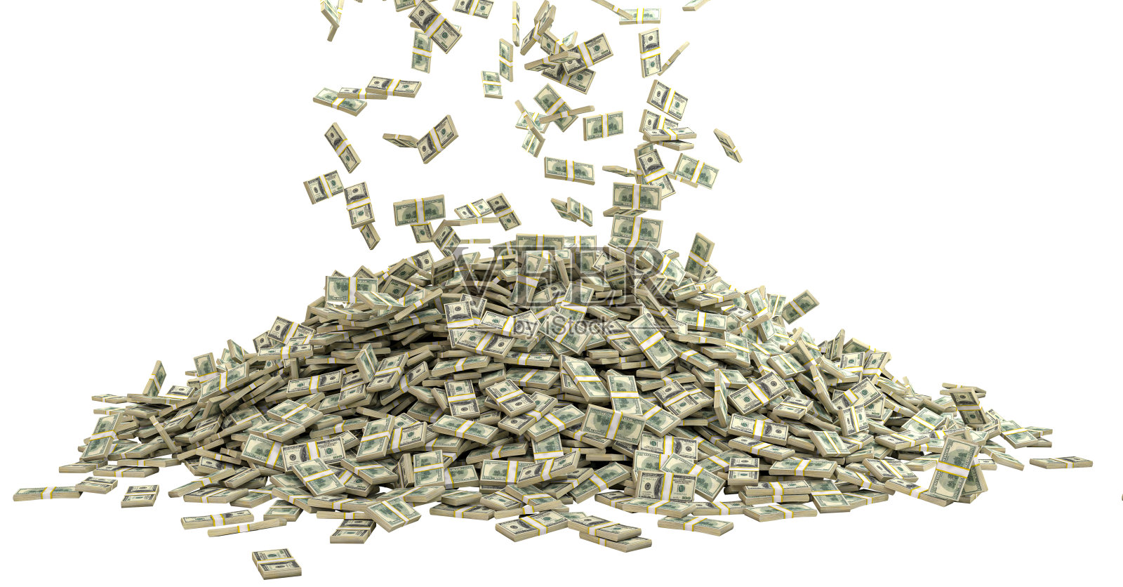 一捆捆的美元落下来,形成一堆孤立的白色照片摄影图片