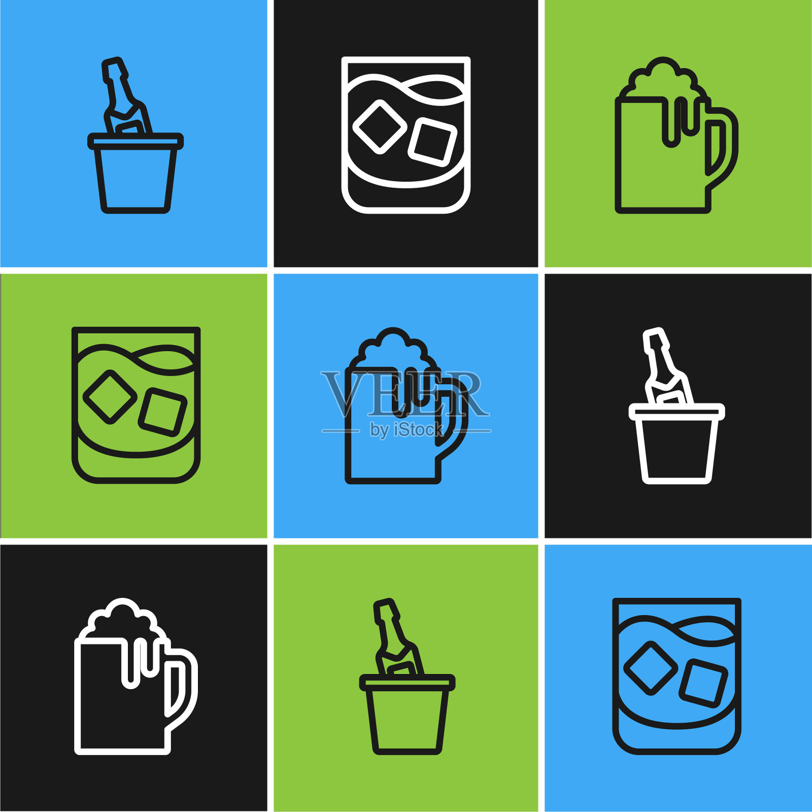 在冰桶里装上香槟、木制啤酒杯和威士忌酒杯。向量插画图片素材