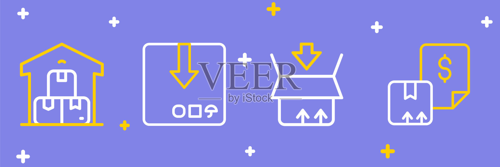 设置线运单,纸箱纸箱,和全仓库图标。向量插画图片素材