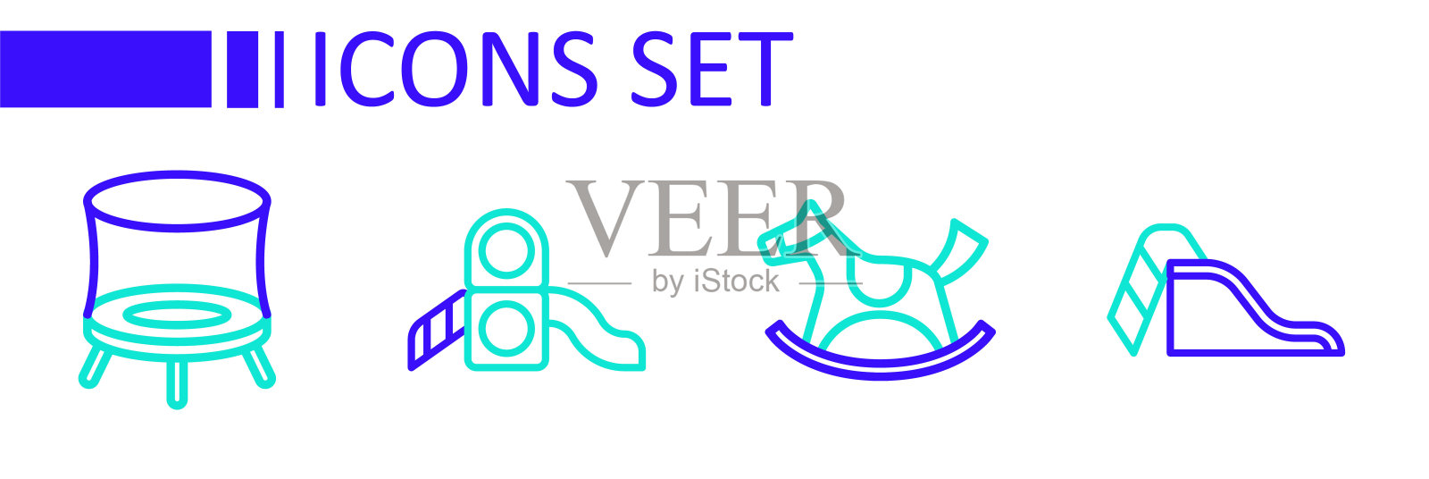 设线滑梯游乐场,马在马鞍上摇摆,蹦床和跳跃图标。向量插画图片素材