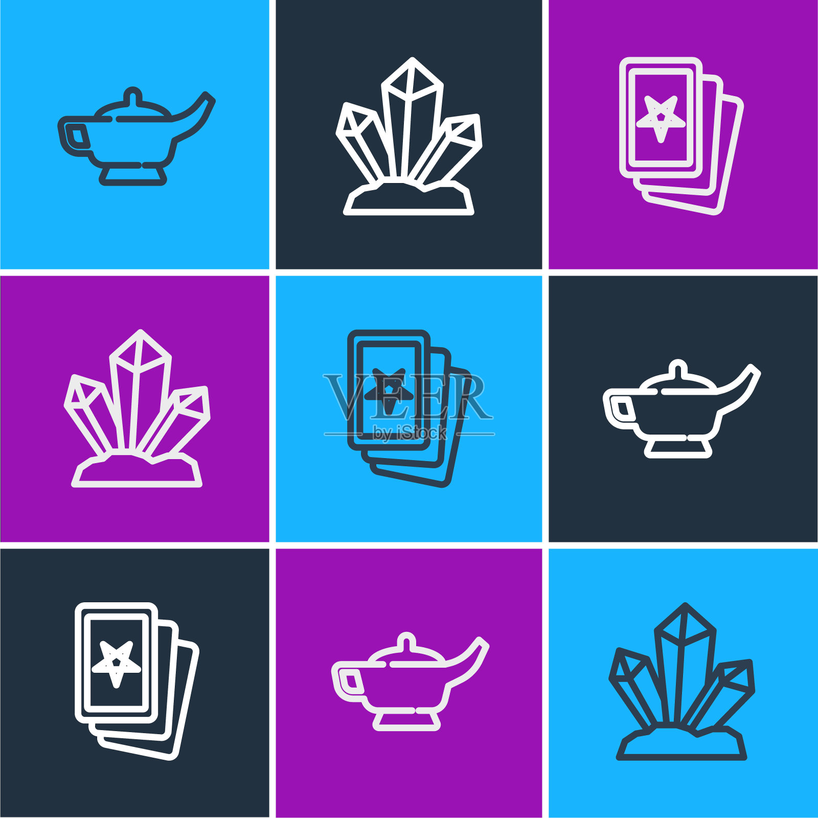 设行神灯或阿拉丁神灯,三张塔罗牌和石像。向量插画图片素材