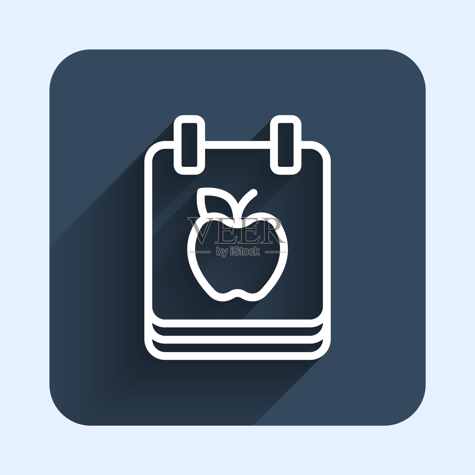 白线饮食计划图标孤立上孤立与长阴影背景。健身马拉松理念,适当营养,健康食品,美体,蔬菜,瘦身。蓝色方形按钮。向量插画图片素材