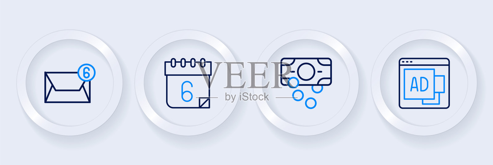 设置线广告,堆栈纸币现金,日历和邮件和电子邮件图标。向量插画图片素材