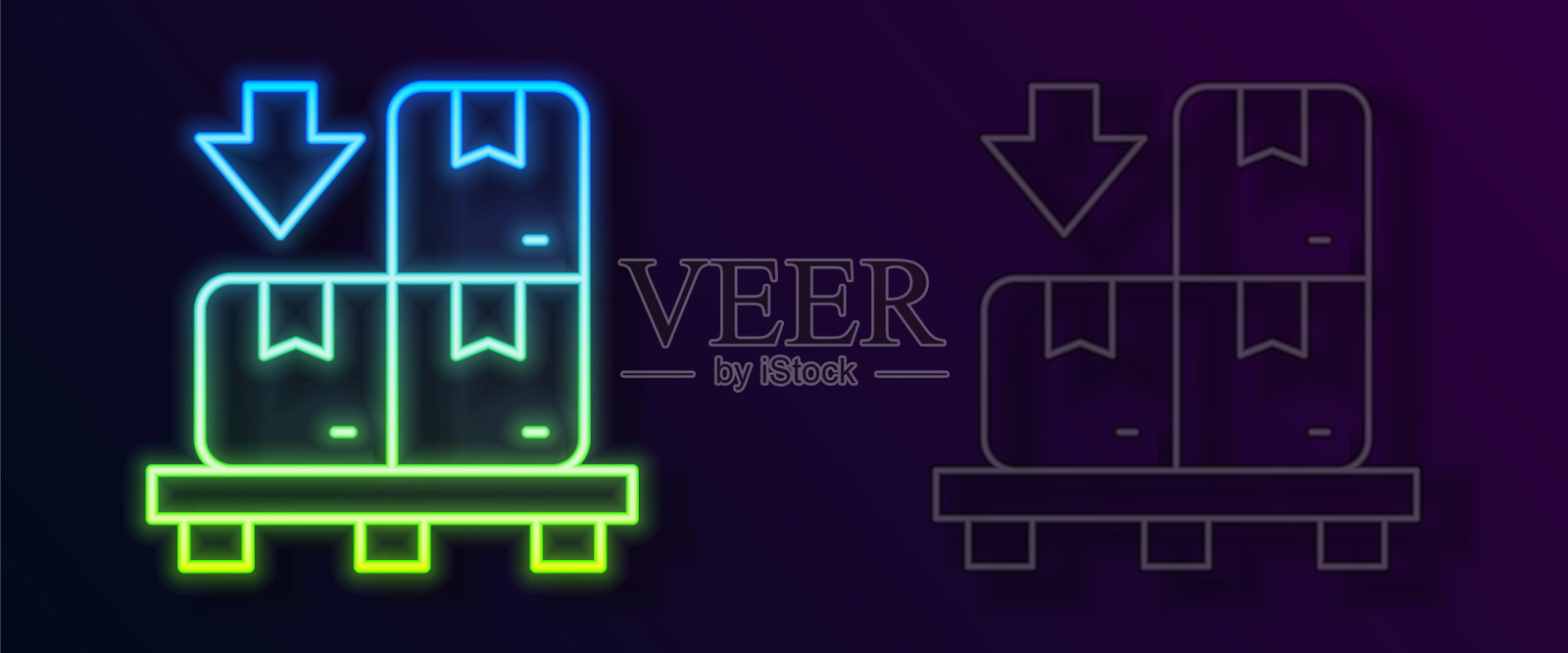 发光的霓虹灯线纸箱在托盘图标孤立的黑色背景。封闭纸箱交付包装盒易碎标志。向量插画图片素材