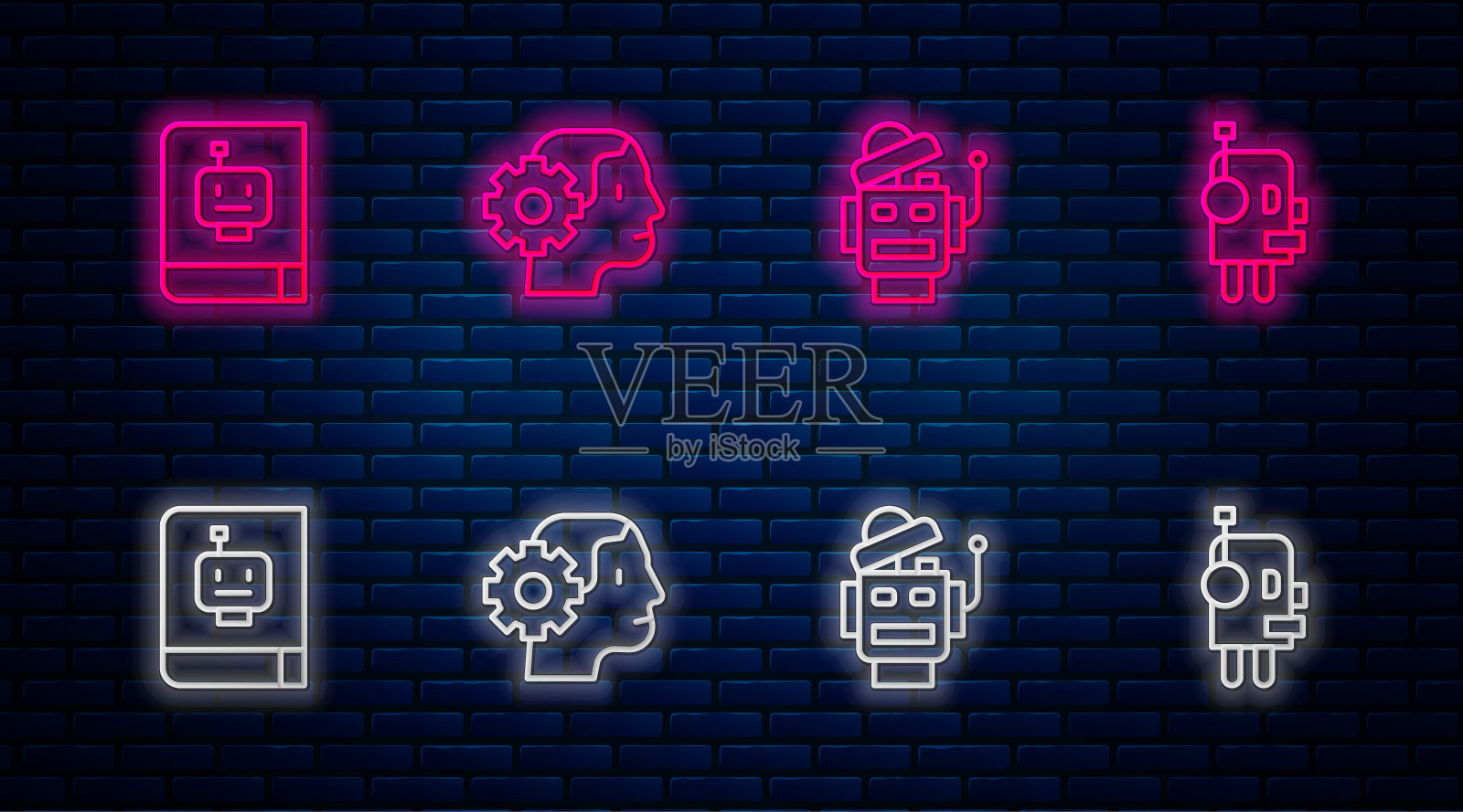 设置线人形机器人,机器人,用户手册和。砖墙上发光的霓虹灯图标。向量插画图片素材