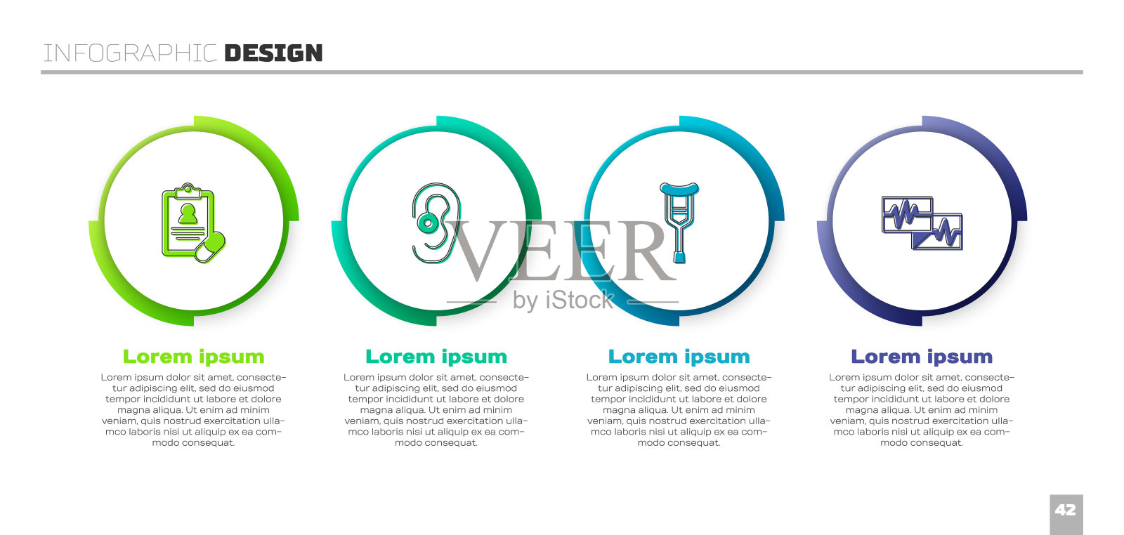 设置医疗处方,助听器,拐杖或拐杖和监护与心电图。业务信息图表模板。向量插画图片素材