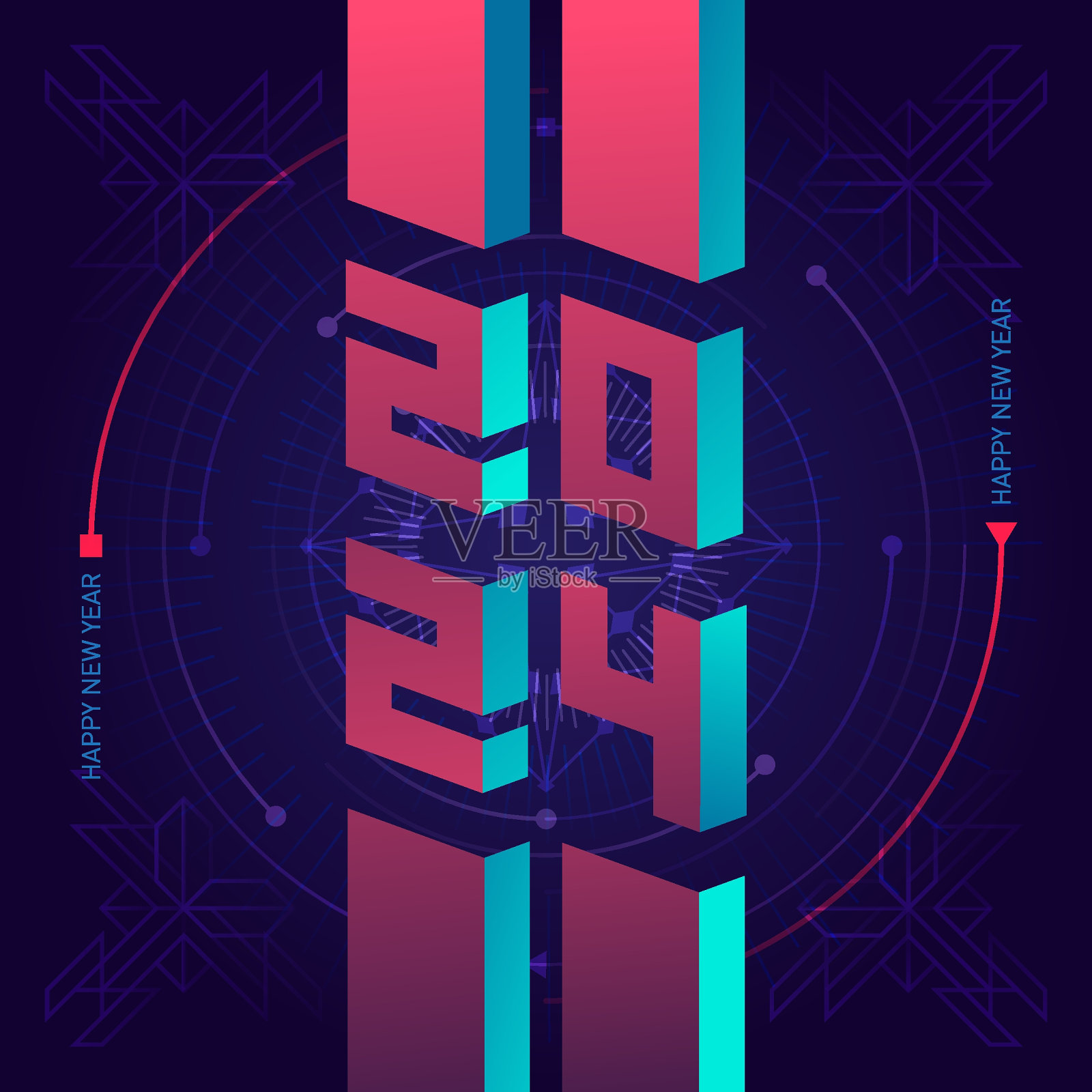2024 -具有抽象元素和渐变的未来主义新年贺卡或海报。适用于封面,海报,音乐海报,dj传单和横幅设计。插画图片素材