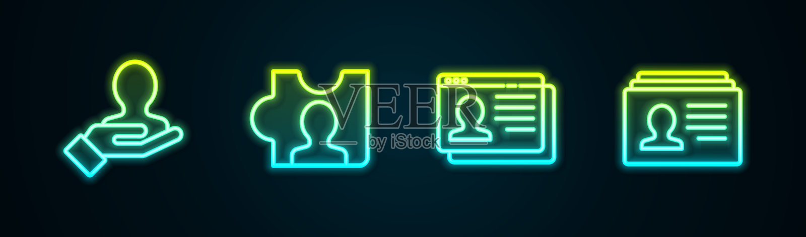 设置线手搜索人员,猎头,简历和。发光的霓虹灯图标。向量插画图片素材