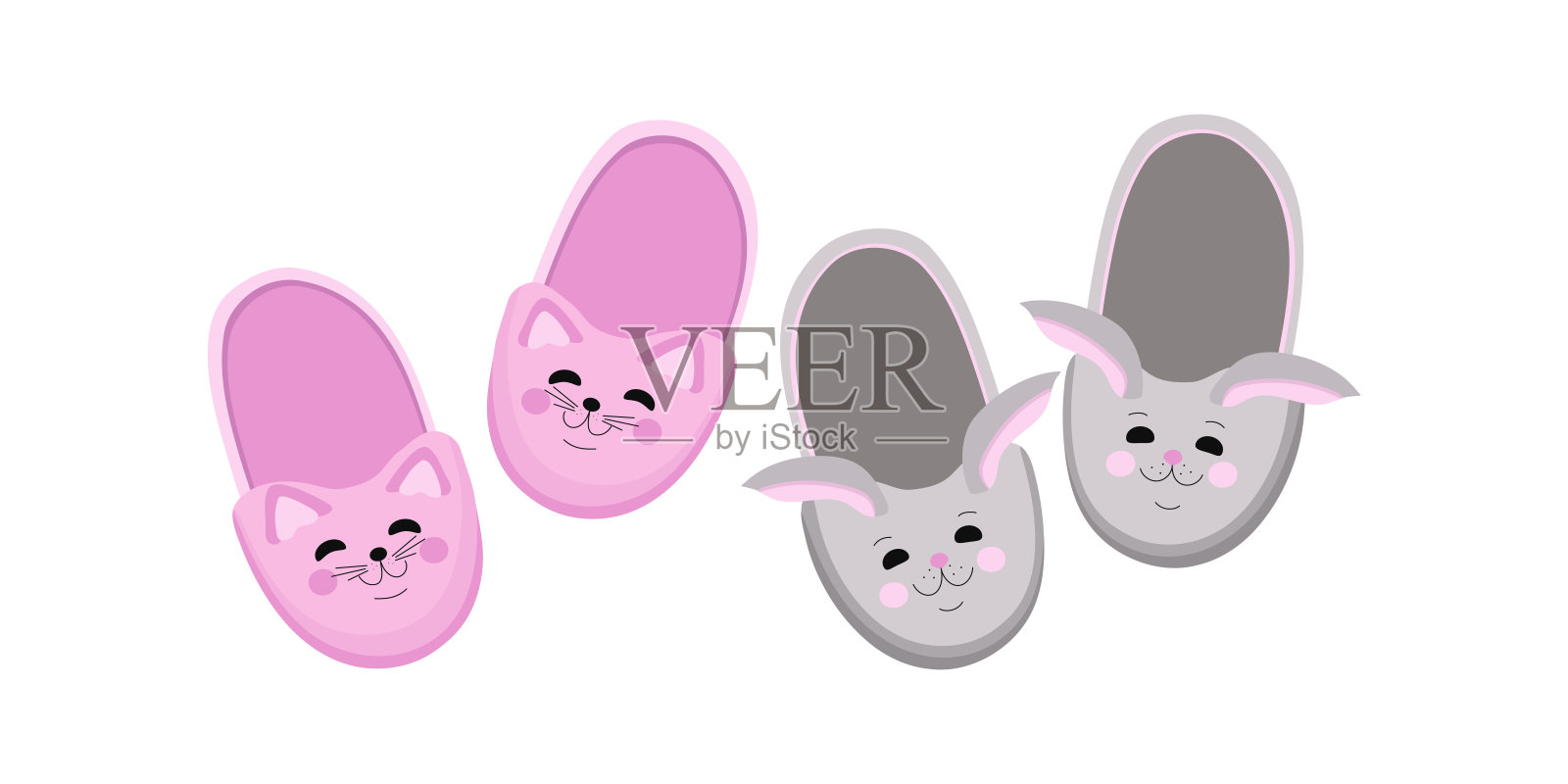 可爱宠物形状的家用拖鞋。有趣的拖鞋兔子和猫。兔子和小猫。拖鞋的矢量插图集。卡通平家温馨舒适的睡鞋。插画图片素材