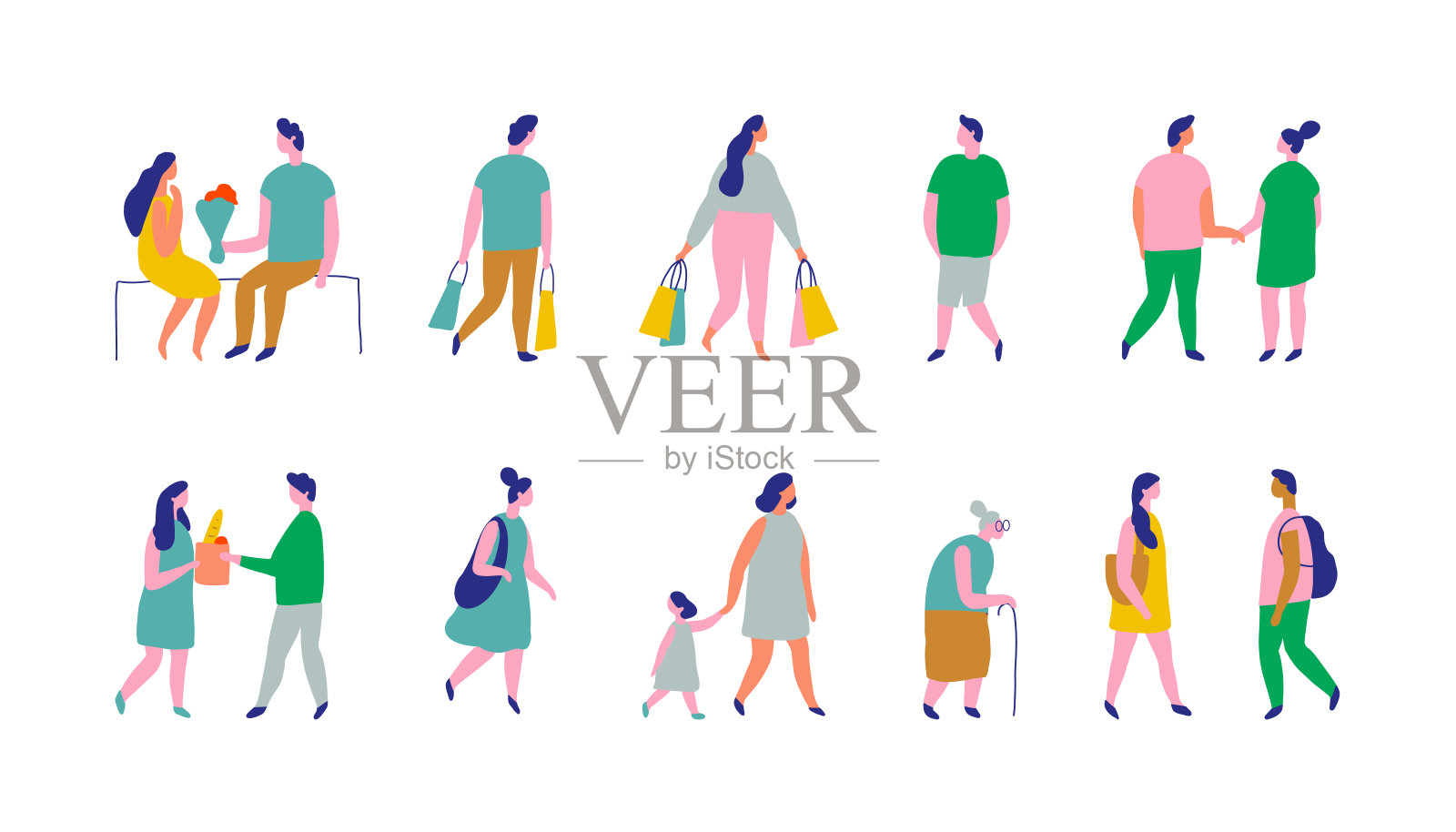 背景人物剪影平面矢量集。人的人群。男人和女人,孩子们在户外散步插画图片素材