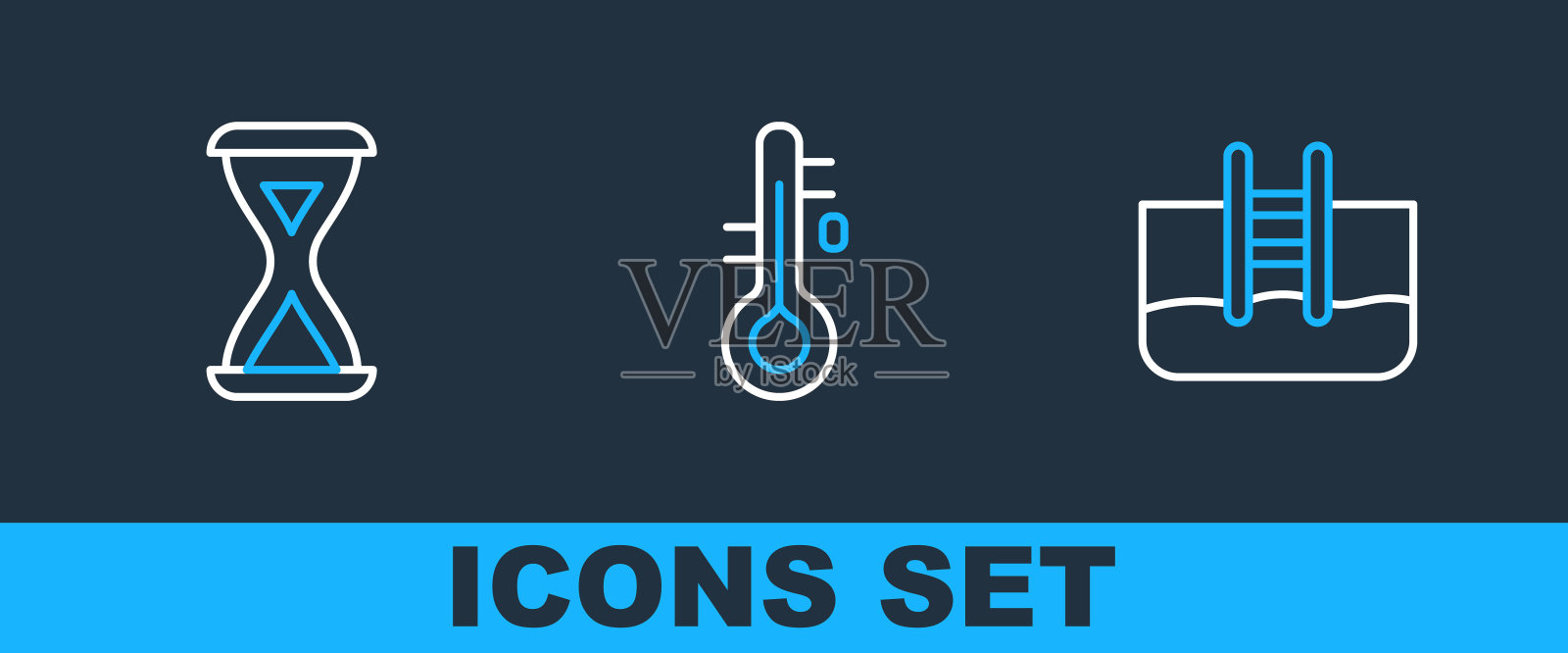 设置线游泳池与梯子,桑拿沙漏和温度计图标。向量插画图片素材