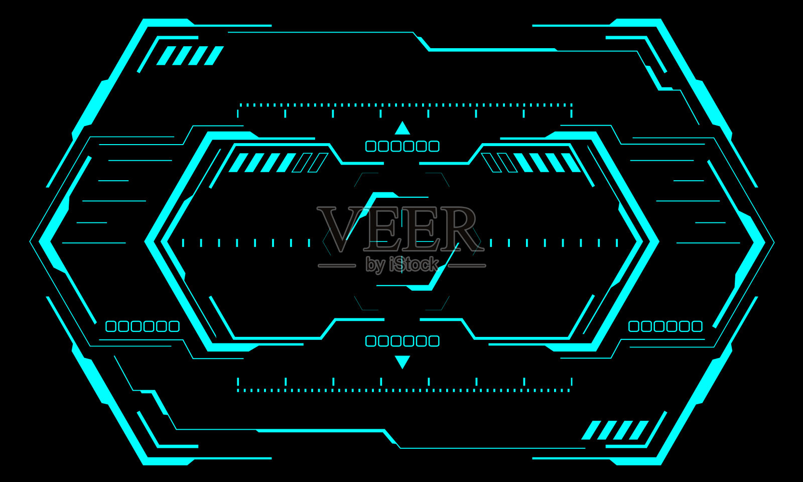 HUD科幻六边形界面屏幕视图蓝色六边形几何设计虚拟现实未来科技创意显示黑色矢量插画图片素材