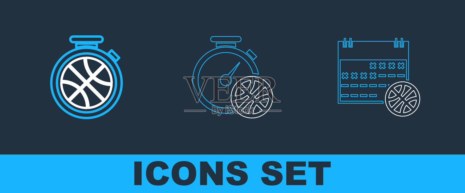 设置线篮球奖牌,比赛门票和时钟与篮球图标。向量插画图片素材